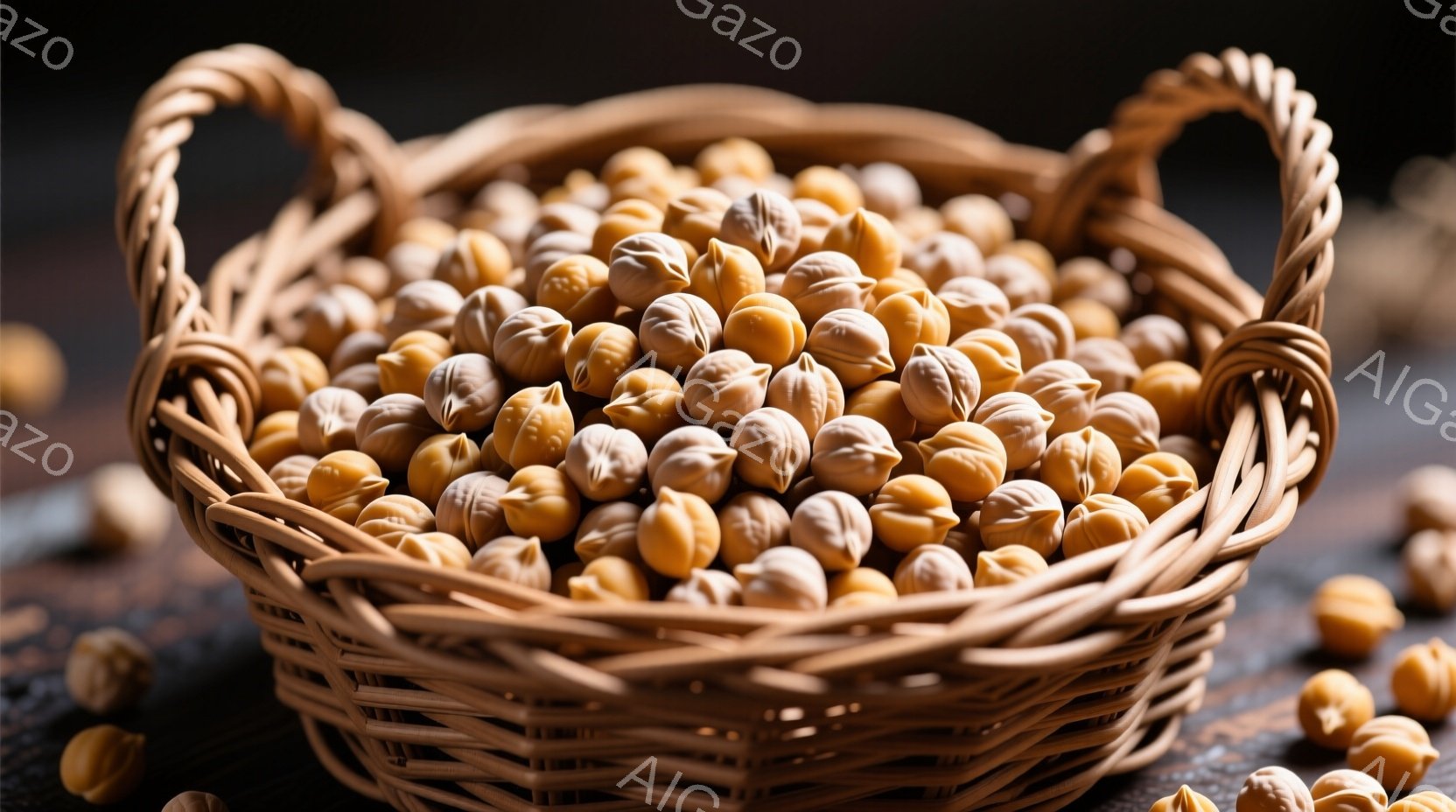 籠の中にたくさんの丸い茶色い栗が詰まっている様子が写っている。籠は織り目が見える茶色の籐製で、周囲に栗が数個散らばっている。背景は暗い木製の表面で、全体的に暖かく素朴な雰囲気を醸し出している。