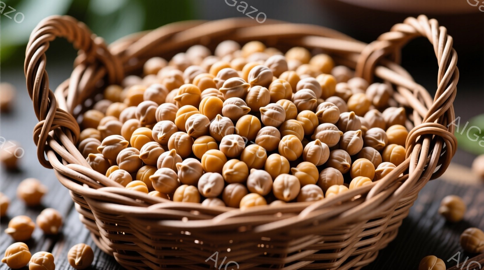 籠の中にたくさんのひよこ豆がぎっしりと詰まっています。背景は暗い木製の表面で、いくつかの豆が籠からこぼれ落ちています。全体的に、暖色系の色調で、素朴で自然な雰囲気が漂っています。