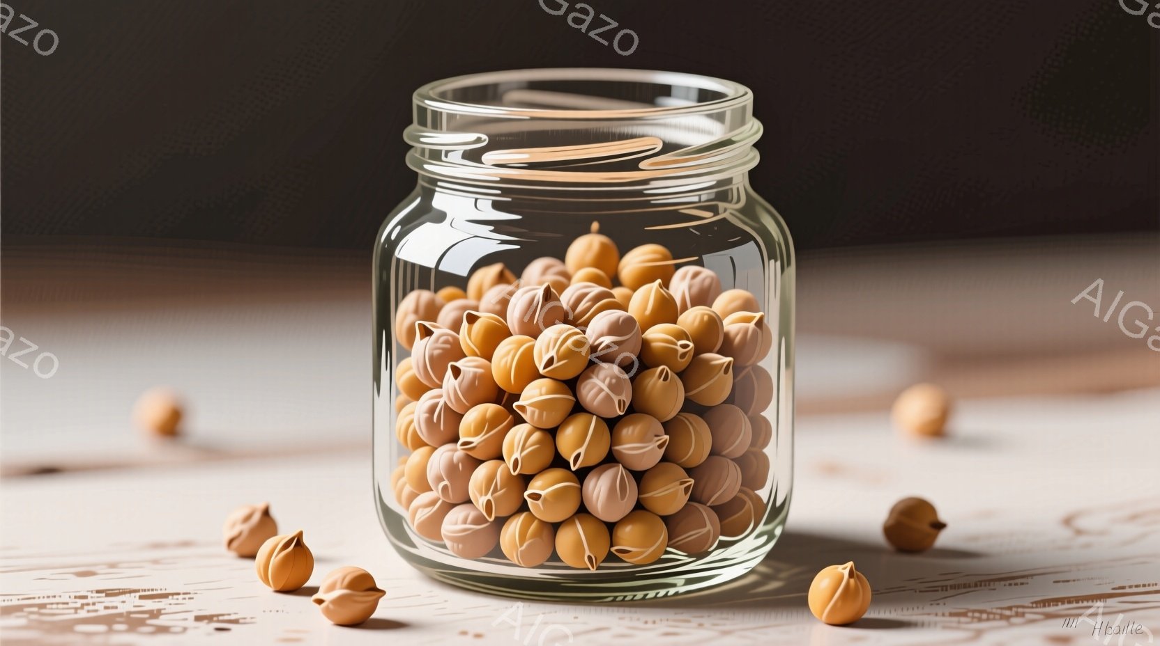 透明なガラス瓶の中に、小さな茶色い実がぎっしりと詰まっています。瓶の周りにも、いくつか実が散らばっており、白い木製のテーブルの上に置かれています。全体的に落ち着いた色合いで、静かで穏やかな雰囲気が漂っています。