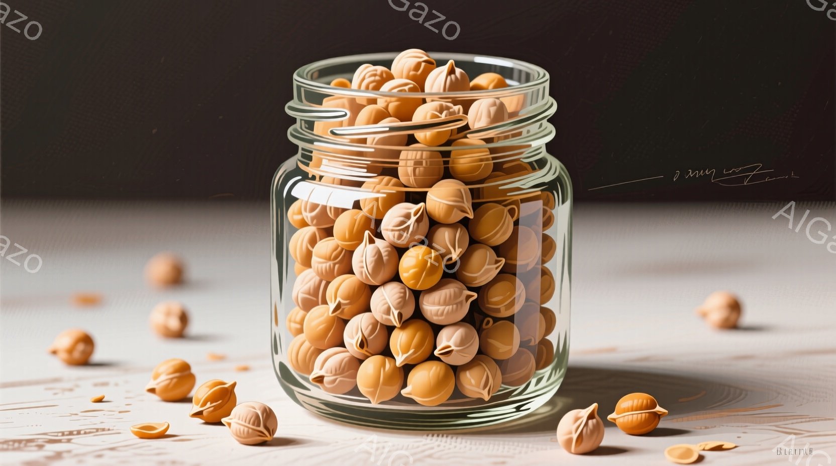 透明なガラス瓶に、殻をむいたヘーゼルナッツがぎっしりと詰まっています。瓶の周囲には、割れた殻やむいたナッツが散らばっており、木製のテーブルの上に配置されています。全体的に暖かく、落ち着いた雰囲気で、食欲をそそるような構図です。