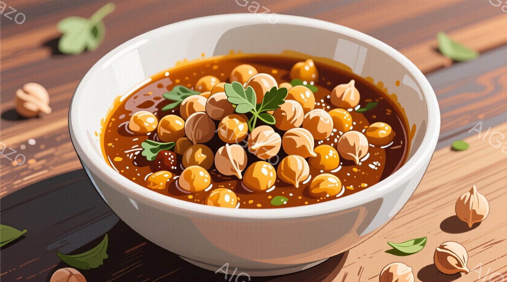 白いボウルに、濃い茶色の液体に浸された丸い豆のようなものがたくさん入っています。ボウルの周りには、緑の葉と小さなナッツが散りばめられており、木製のテーブルの上で撮影されたようです。全体的に暖かく、食欲をそそる雰囲気です。