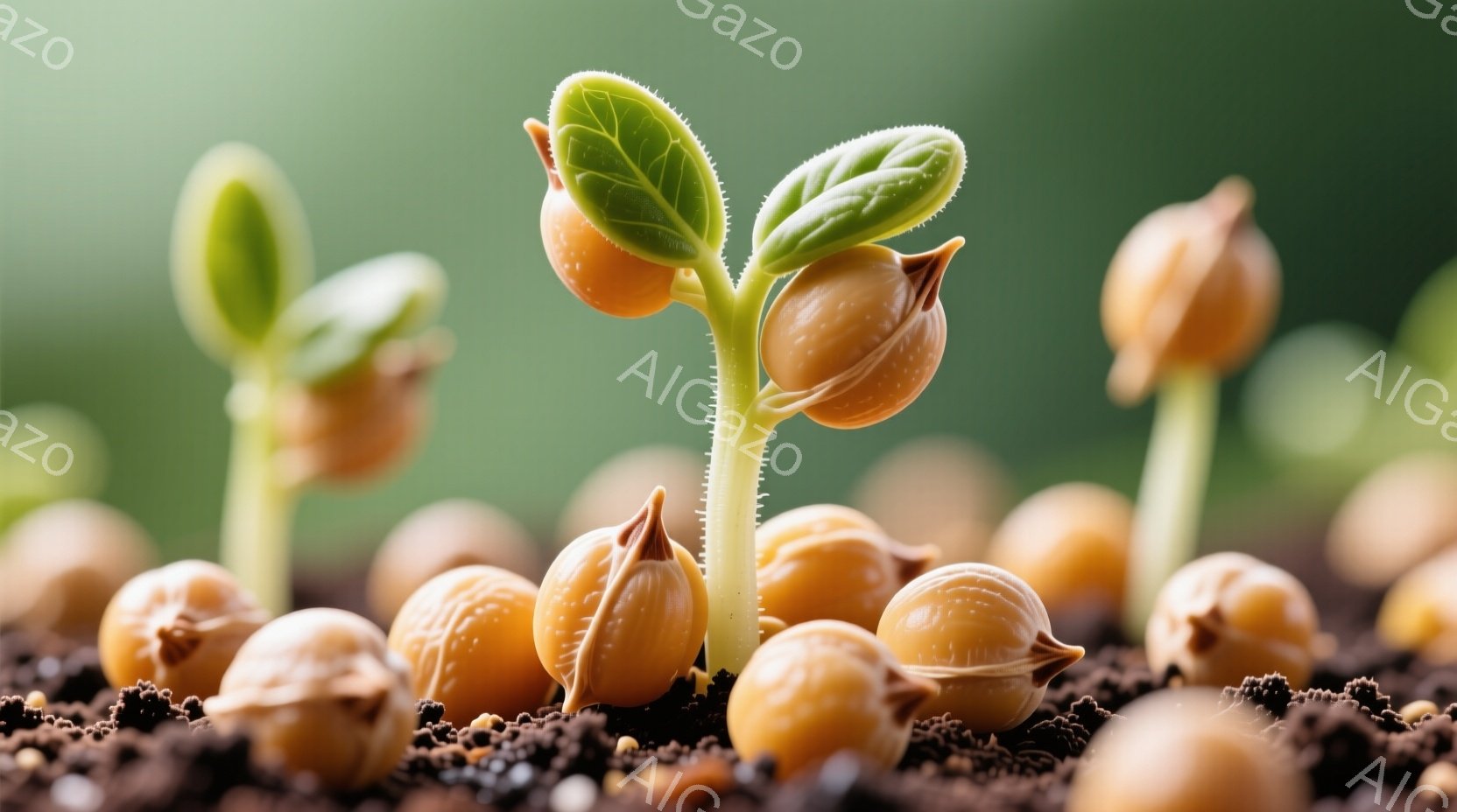 土の中から芽を出した植物の種子が写っている。淡い緑色の茎と葉が力強く伸び、割れた種子の殻が周囲に散らばっている。背景はぼやけた茶色の土とわずかな緑で、新芽の成長と生命力を感じさせる。