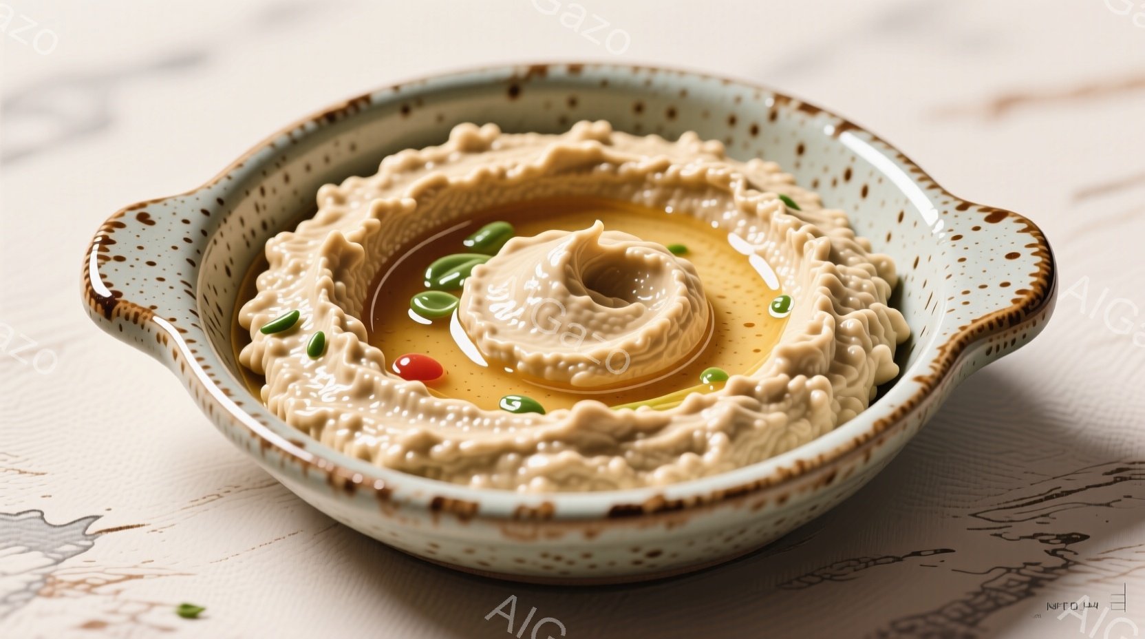 浅いターコイズブルーの器に、滑らかな中東のディップ、フムスが盛り付けられています。フムスの表面には、溝が施され、中央に窪みがあり、オリーブオイルとパプリカ、刻んだパセリやミントが飾られています。背景は淡いベージュ色で、料理に焦点が当てられ、食欲をそそる雰囲気を醸し出しています。