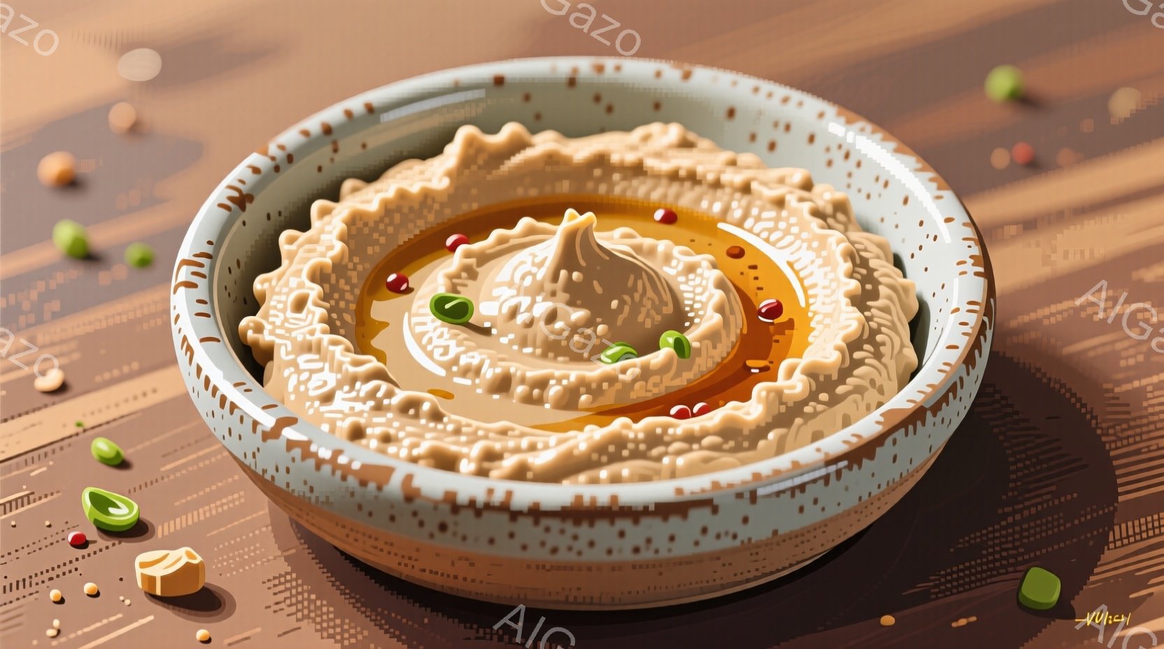 滑らかなフムスが、装飾的なボウルの中心に盛り付けられています。オリーブオイルが表面に広がり、パプリカや刻み野菜が散りばめられています。背景には木製のテーブルトップが広がり、明るく暖かく、食欲をそそる雰囲気を醸し出しています。