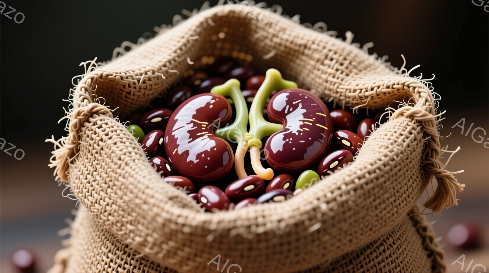 麻袋の中に、赤褐色の豆と数個の緑色の豆がたっぷり入っている。麻袋は粗い織りで、縁の部分が少しほつれており、自然な雰囲気を醸し出している。豆は光沢があり、麻袋の粗さと対照的に見えて、食欲をそそる様子が感じられる。