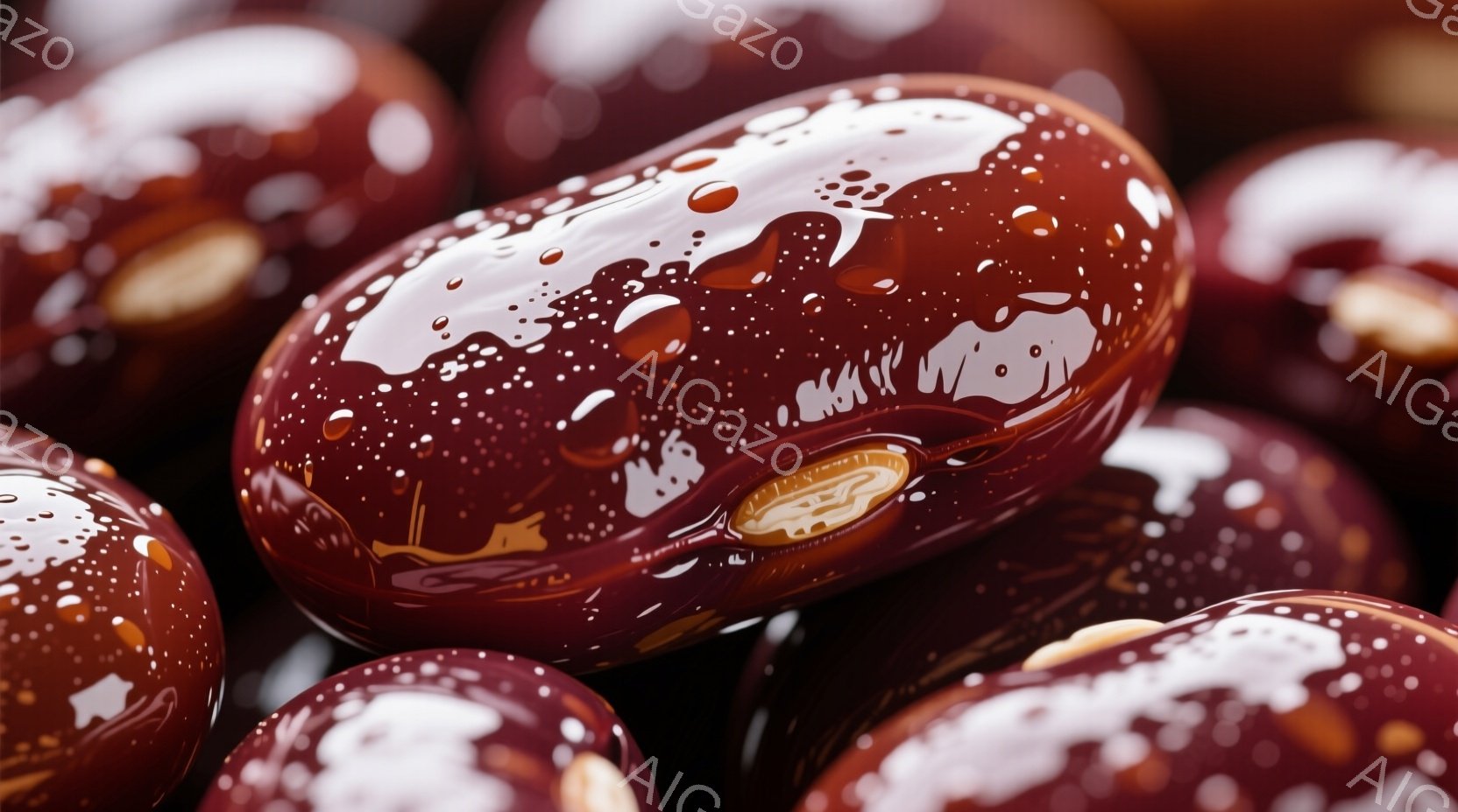 濃い茶色のデーツが密集して写っており、表面には水滴が光っています。デーツの表面は艶やかで、少し不規則な形をしており、それぞれに種が見えます。全体的に、暖かく、湿り気のある、食欲をそそる雰囲気です。