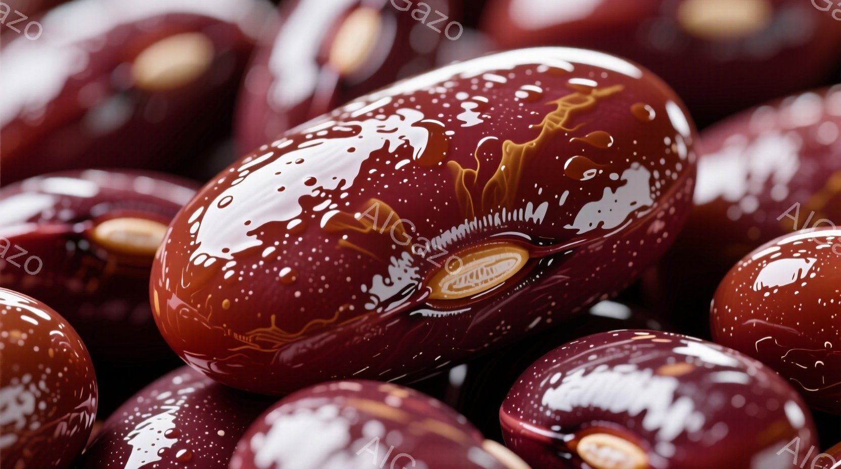 深紅色の豆が多数写っており、表面には白と茶色のまだら模様が広がっています。豆は光沢があり、まるで宝石のような質感で、互いに重なり合いながら密集して配置されています。背景は暗く、豆の鮮やかな色彩が際立っています。