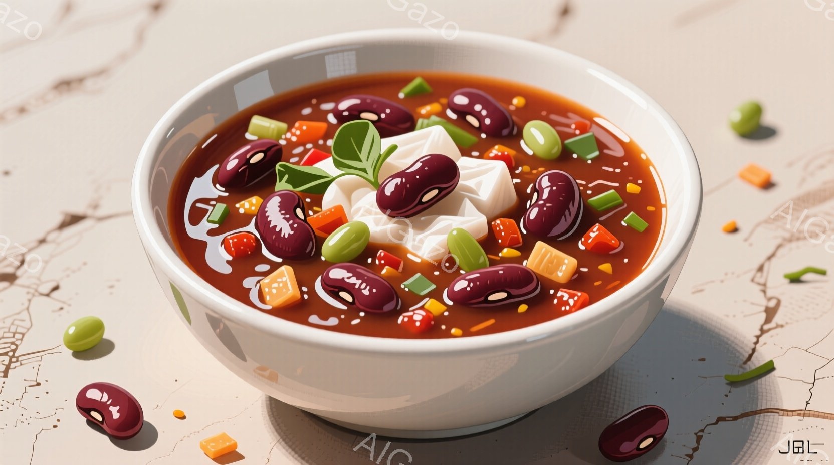 白い器の中に、赤褐色の豆料理が湯気を立てて盛られています。鮮やかな緑色の豆やオレンジ色の野菜が彩りを添え、中央には白いクリームまたはヨーグルトが乗せられ、緑色の葉が添えられています。背景はクリーム色の表面で、料理の周りに豆が散らばり、暖かく家庭的な雰囲気を醸し出しています。