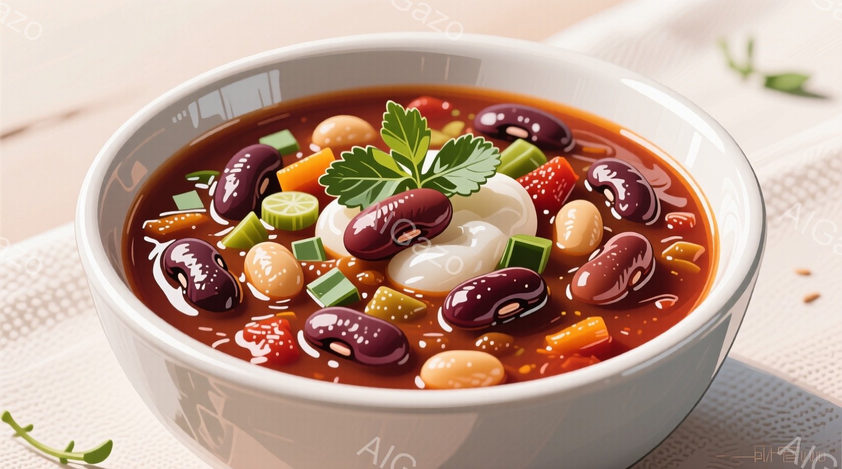 白い丼に、赤、茶色、ベージュ、緑などの様々な色の豆が煮込まれています。 刻んだ野菜と、丼の中心に飾られたパセリの葉が彩りを添えています。 暖かく家庭的な雰囲気のスープで、背景はぼやけた木目調のテーブルです。