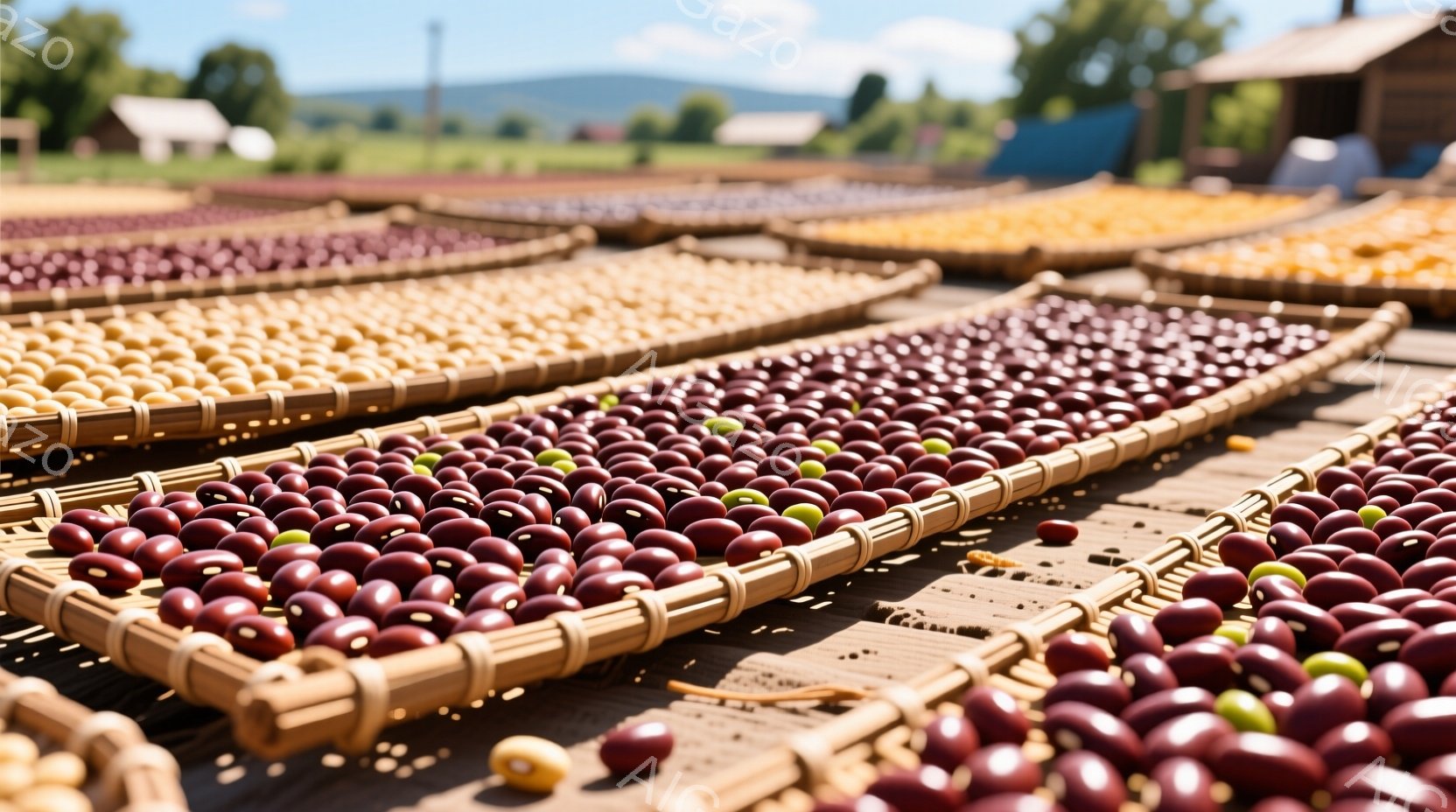 鍋の中で黒豆が煮込まれています。ステンレス製の鍋は光沢があり、黒豆の黒と湯気の白がコントラストをなしています。背景はぼやけていますが、台所の様子が伺えます。 - AI生成フリー素材
