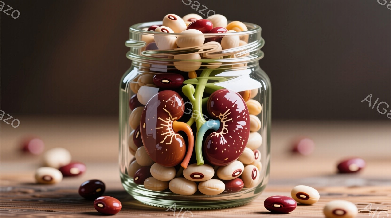 ガラスの瓶の中に、赤と白の豆が大量に入っています。瓶の周囲の木製のテーブルの上にも、いくつかの豆がこぼれ落ちています。全体的に暖色系の色合いで、素朴で穏やかな雰囲気を醸し出しています。 - AI生成フリー素材