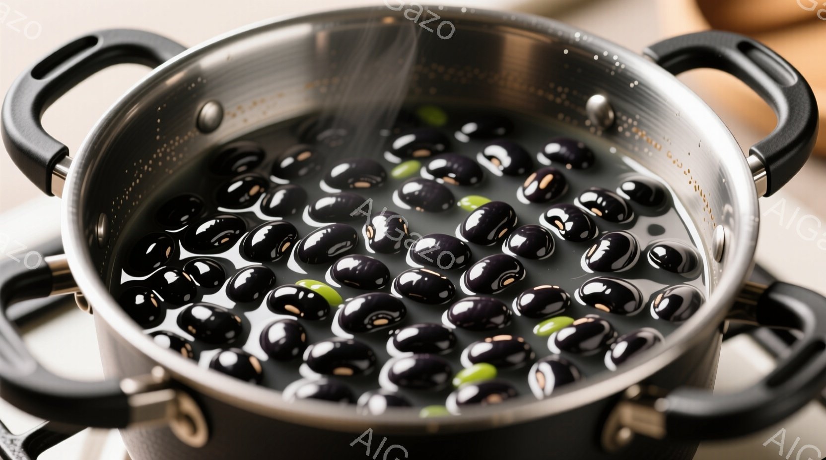 鍋の中で黒豆が煮込まれている様子が写っている。豆は液体に浸され、蒸気が立ち上っているのが見える。ステンレス製の鍋と暗い背景が、豆の色を引き立てている。