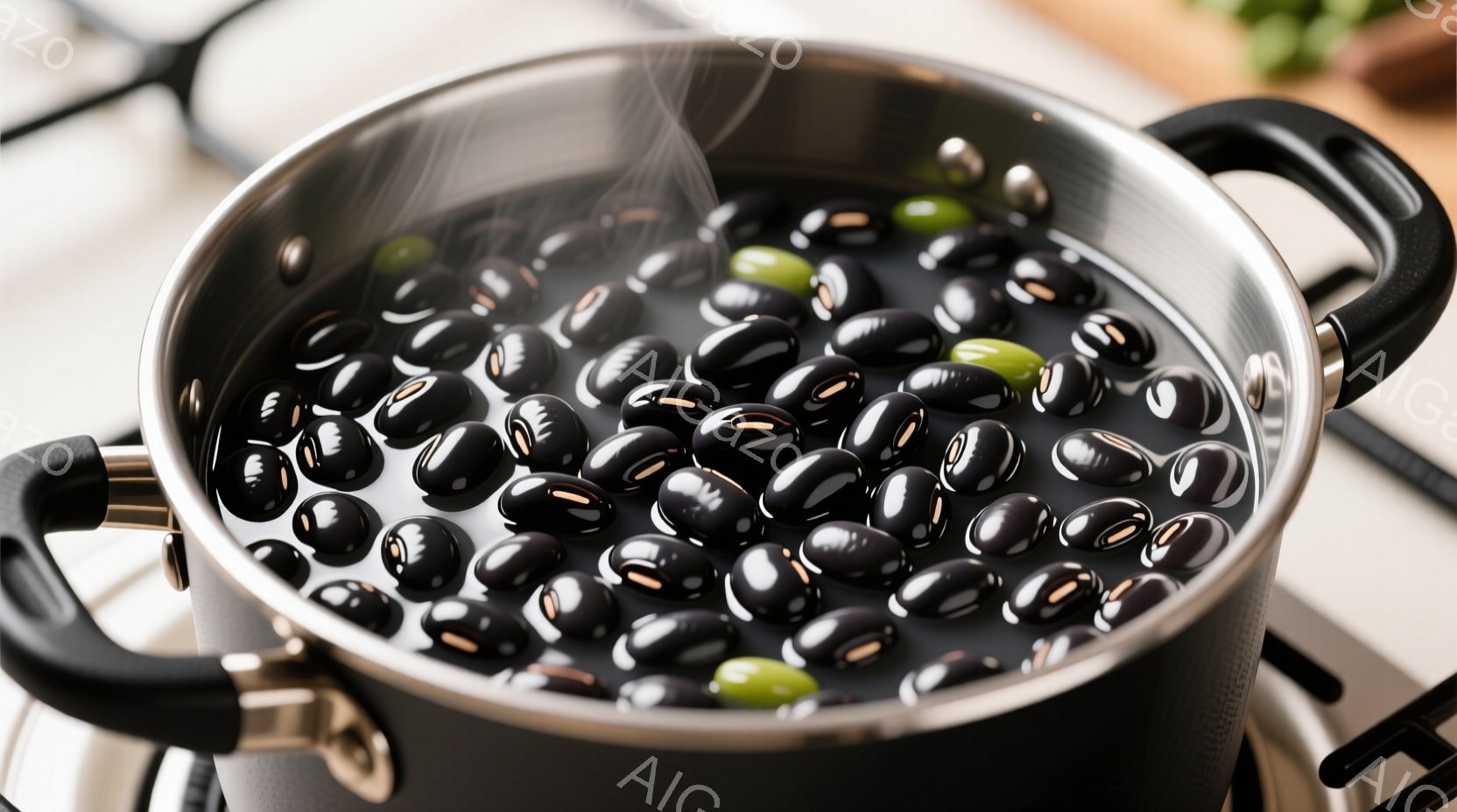 鍋の中で黒豆が煮込まれています。湯気が立ち上り、豆は光沢があり、一部に緑色の豆が混ざっています。ステンレス製の鍋とガスコンロが背景にあり、料理の準備段階であることがわかります。