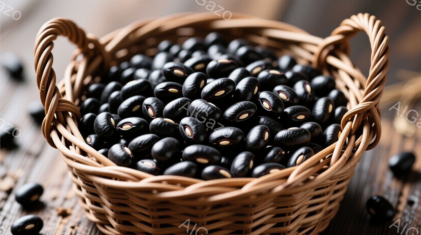 籠の中に黒豆がたっぷり詰まっています。籠は籐編みで、茶色の落ち着いた色合いです。背景は木製のテーブルで、黒豆がいくつかこぼれ落ちています。
