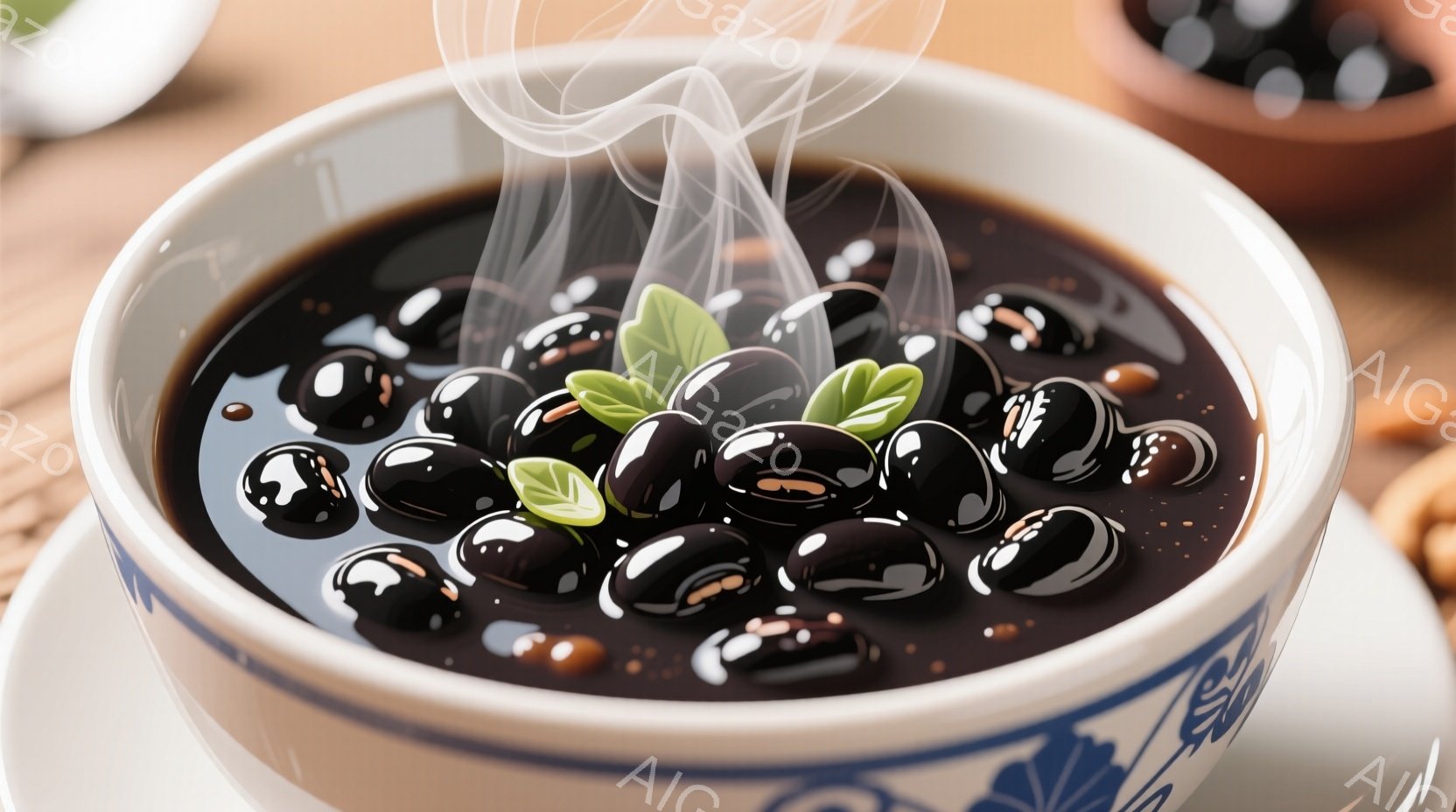 白地に青い模様の入った器に、黒豆と数枚の緑の葉が浸された熱い液体が見える。液体からは湯気が立ち上り、豆の照りが液体に反射している。背景には木製のテーブルと、別の器が見え、温かく落ち着いた雰囲気が漂って - AI生成フリー素材