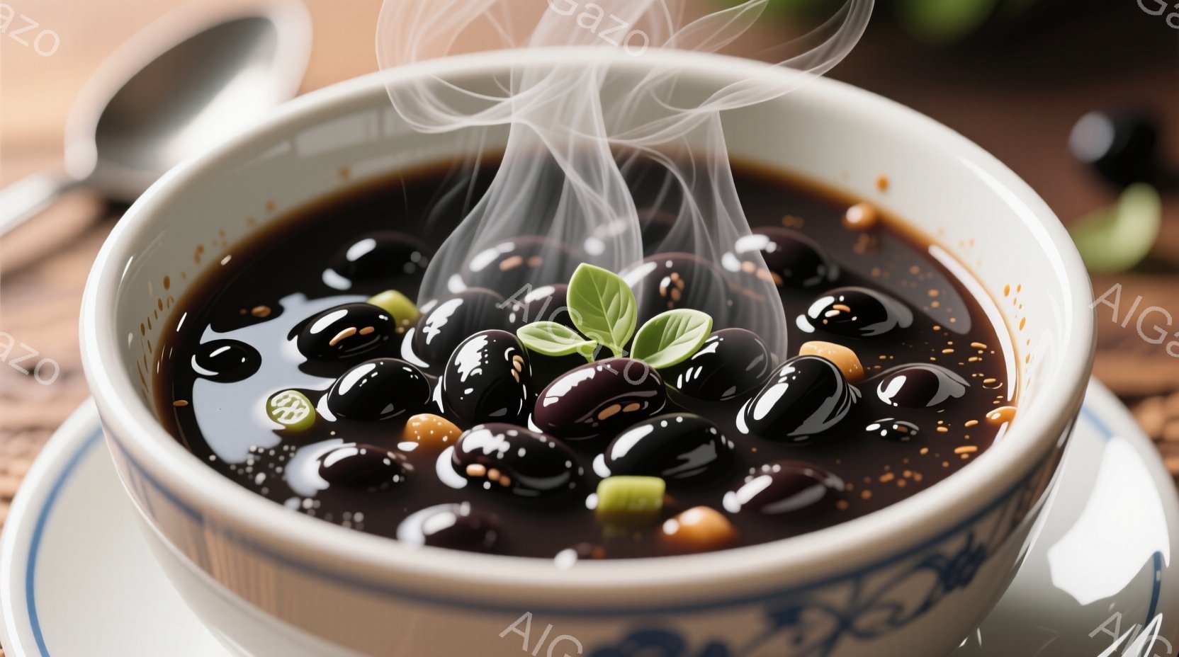 白地に青い模様の入った浅いお碗の中に、黒い豆と小さな黄色い豆、そして緑色の葉が添えられた温かい豆料理が盛られています。湯気が立ち上り、料理の温かさと香りを想像させます。背景には木製のテーブルが見え、全 - AI生成フリー素材