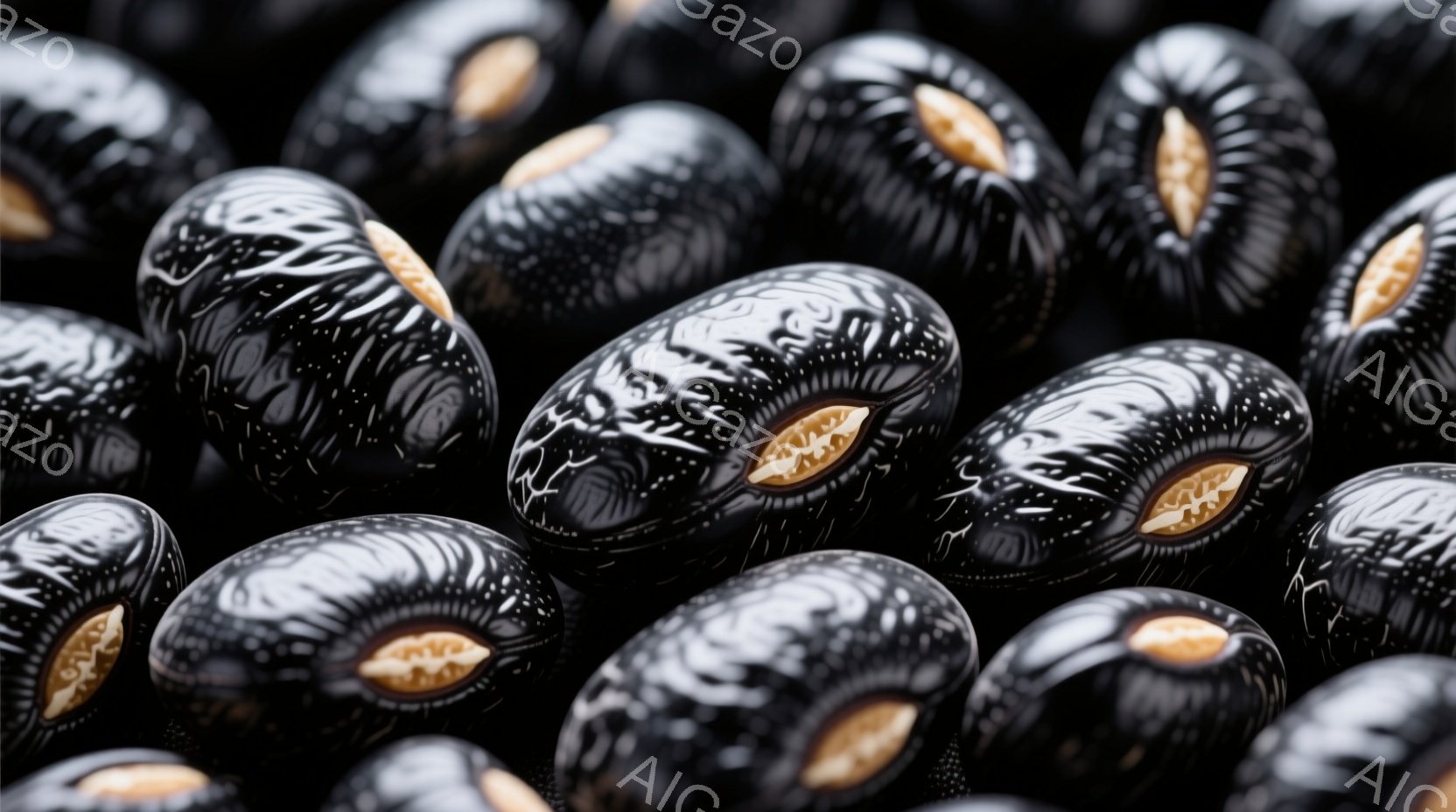 黒地に白い模様が入ったインゲン豆が密集して写っている。豆はそれぞれ中央にオレンジ色の模様があり、まるで目のような形をしている。全体的に不気味でありながら、どこか神秘的な雰囲気を醸し出している。 - AI生成フリー素材