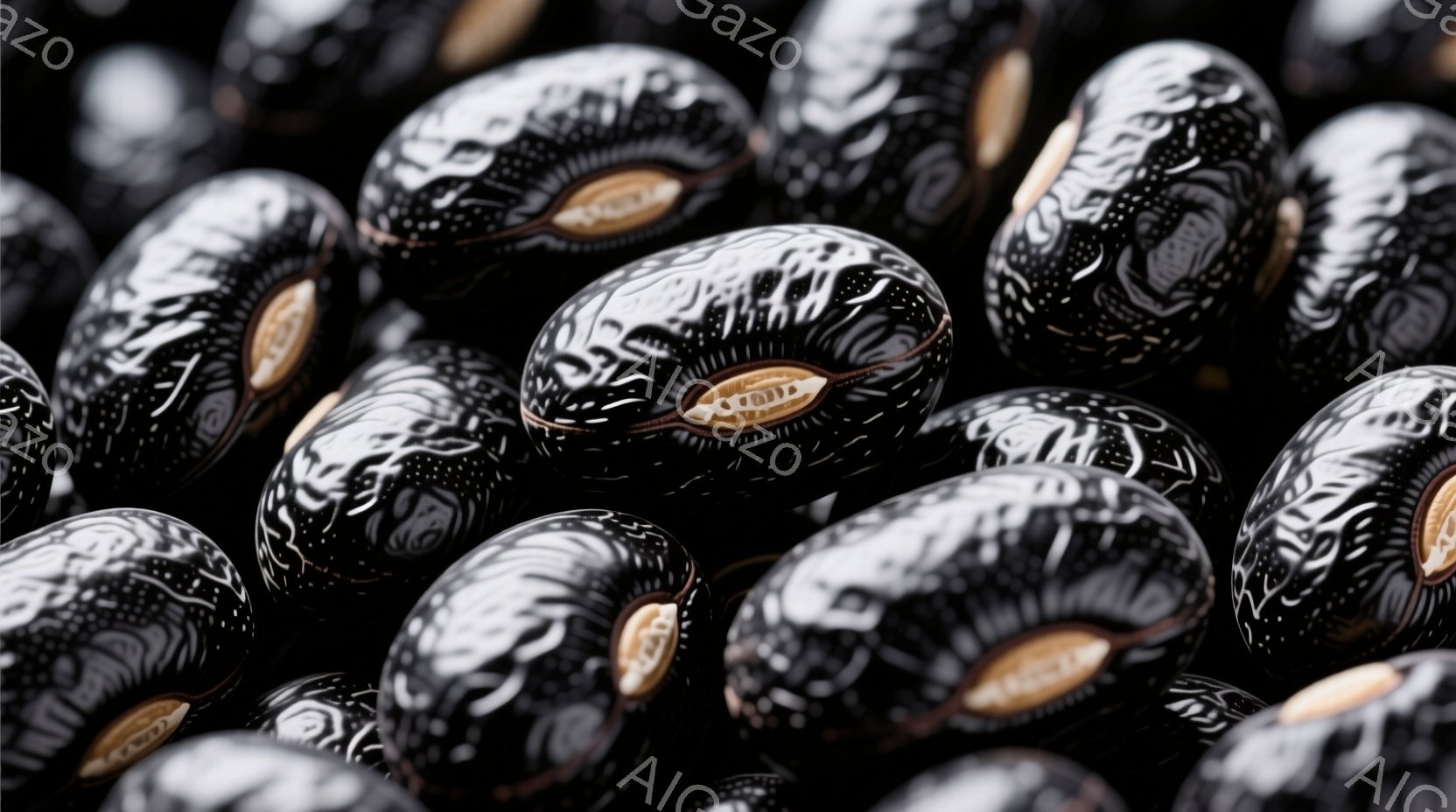 漆黒の背景に、渦巻き模様が特徴的な黒い豆が密集して写っている。豆の表面には白く複雑な模様が描かれており、まるで夜空に浮かぶ星雲のようである。全体的に神秘的で幻想的な雰囲気を醸し出している。