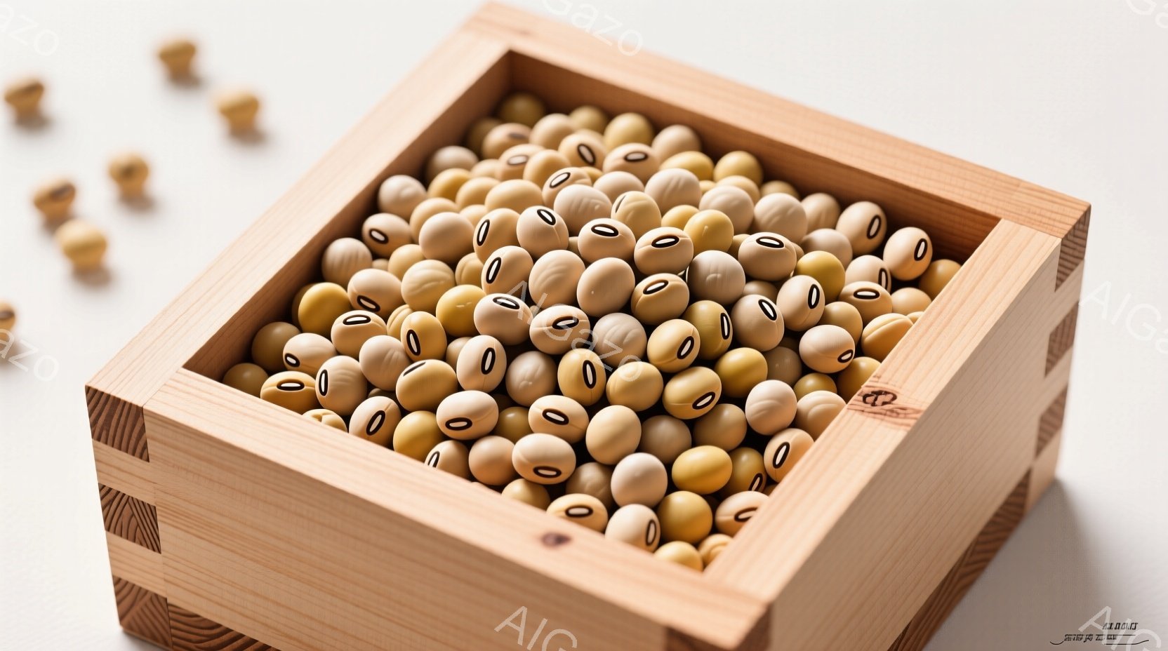木製の箱の中に大豆がたっぷり詰まっている様子が写っています。箱は正方形で、木目が見え、素朴な雰囲気を醸し出しています。箱の周りには数個の豆が散らばっており、全体的に温かみのある、自然な印象を与えます。 - AI生成フリー素材