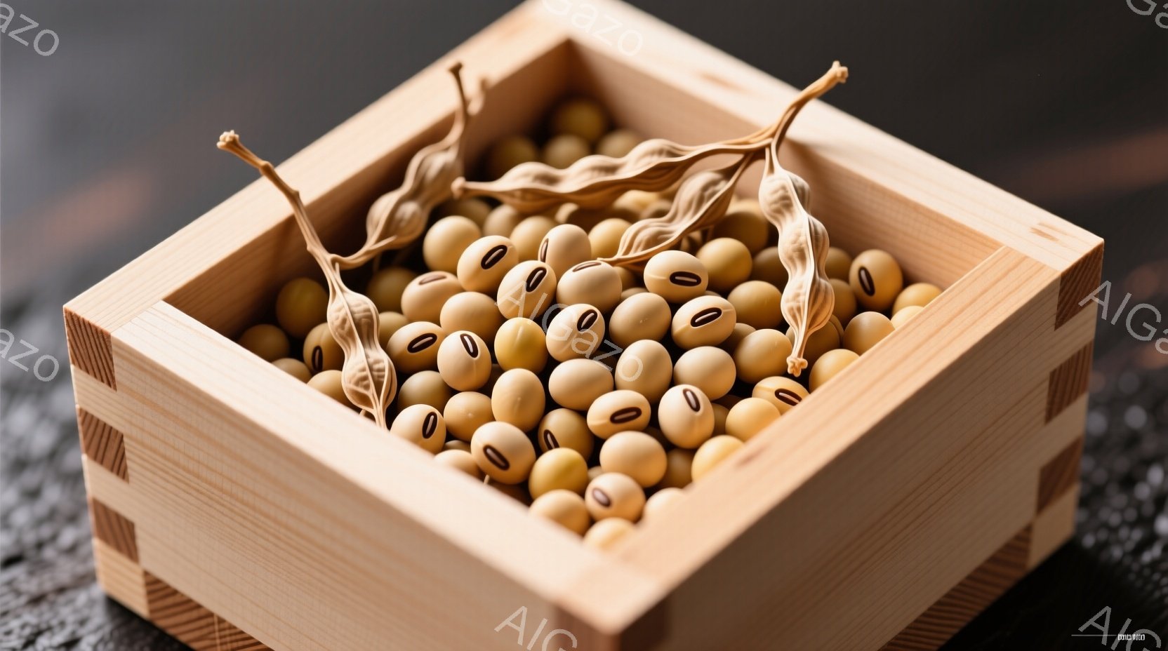 浅い木製の箱の中に、たくさんの大豆がぎっしりと詰まっています。箱の縁には美しい木目が見られ、その中に茶色い豆と豆の鞘が数本入っています。背景は暗いグレーの質感で、全体的に素朴で温かみのある雰囲気が漂っています。