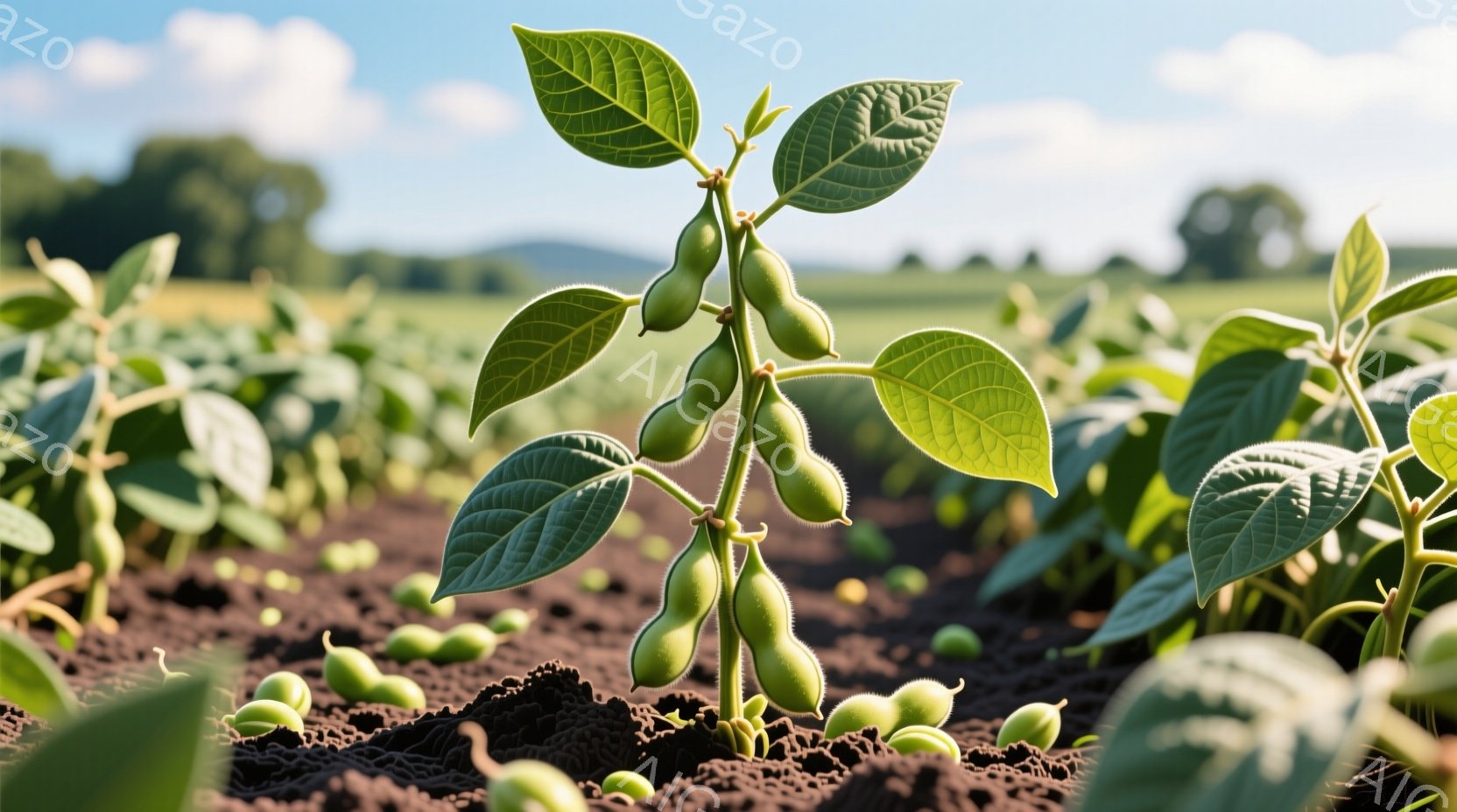 大豆の若い苗が、茶色い土の中から力強く伸びています。緑色の葉は鮮やかで、まだ若い豆の実はふっくらとして、植物の成長の勢いを感じさせます。背景には、緑豊かな畑が広がり、穏やかな晴天の下、生命力にあふれた様子がうかがえます。