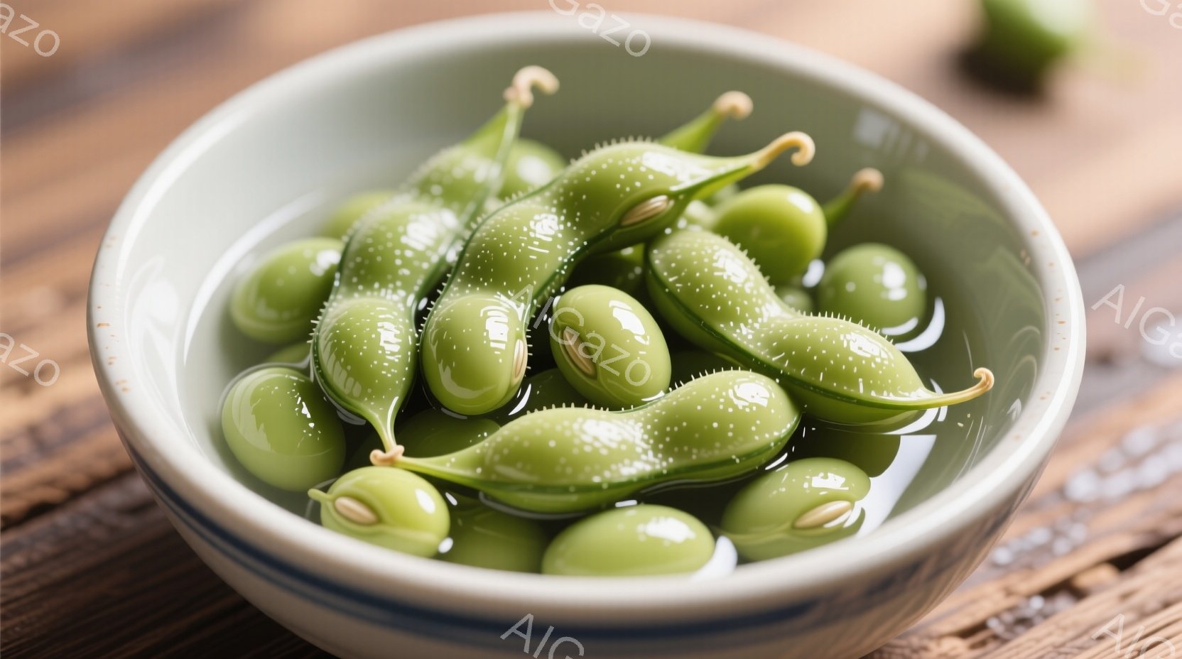 浅い白いボウルに、枝豆がぎっしりと詰まっています。豆は鮮やかな緑色で、表面には細かい毛のようなものがついており、みずみずしい光沢があります。背景には木目のテーブルがぼんやりと見え、シンプルながら食欲を - AI生成フリー素材