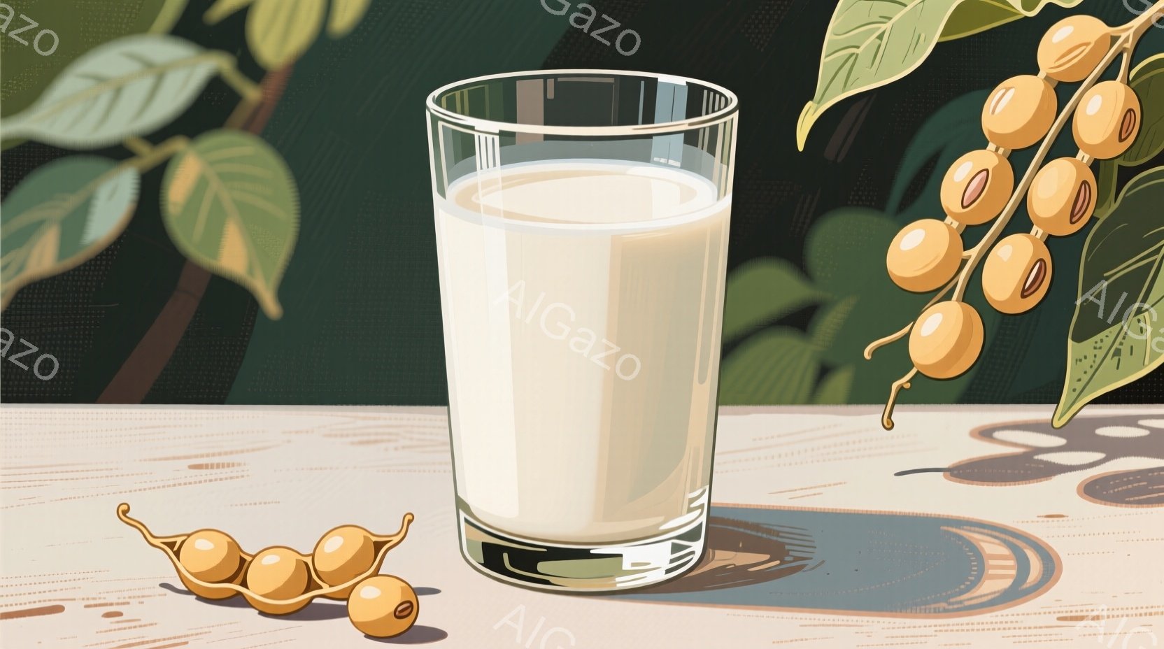 表面が木目調のテーブルの上に、グラスに入った白い液体と、枝付きの枝豆が置かれています。背景は緑の葉で覆われ、光沢のある影がテーブルに落ちています。全体的に、健康的で自然な雰囲気の静物画です。 - AI生成フリー素材