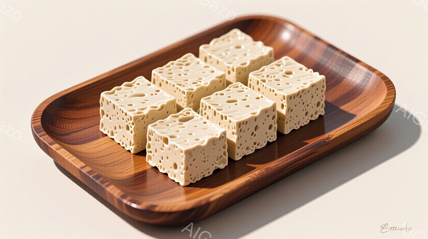 濃い茶色の木製の長方形の皿の上に、クリーム色の穴あき立方体が規則的に並べられています。立方体は内部まで穴が開いており、独特なテクスチャを見せています。背景は明るいベージュ色で、立方体と皿が際立っており、静かでミニマルな印象を与えます。