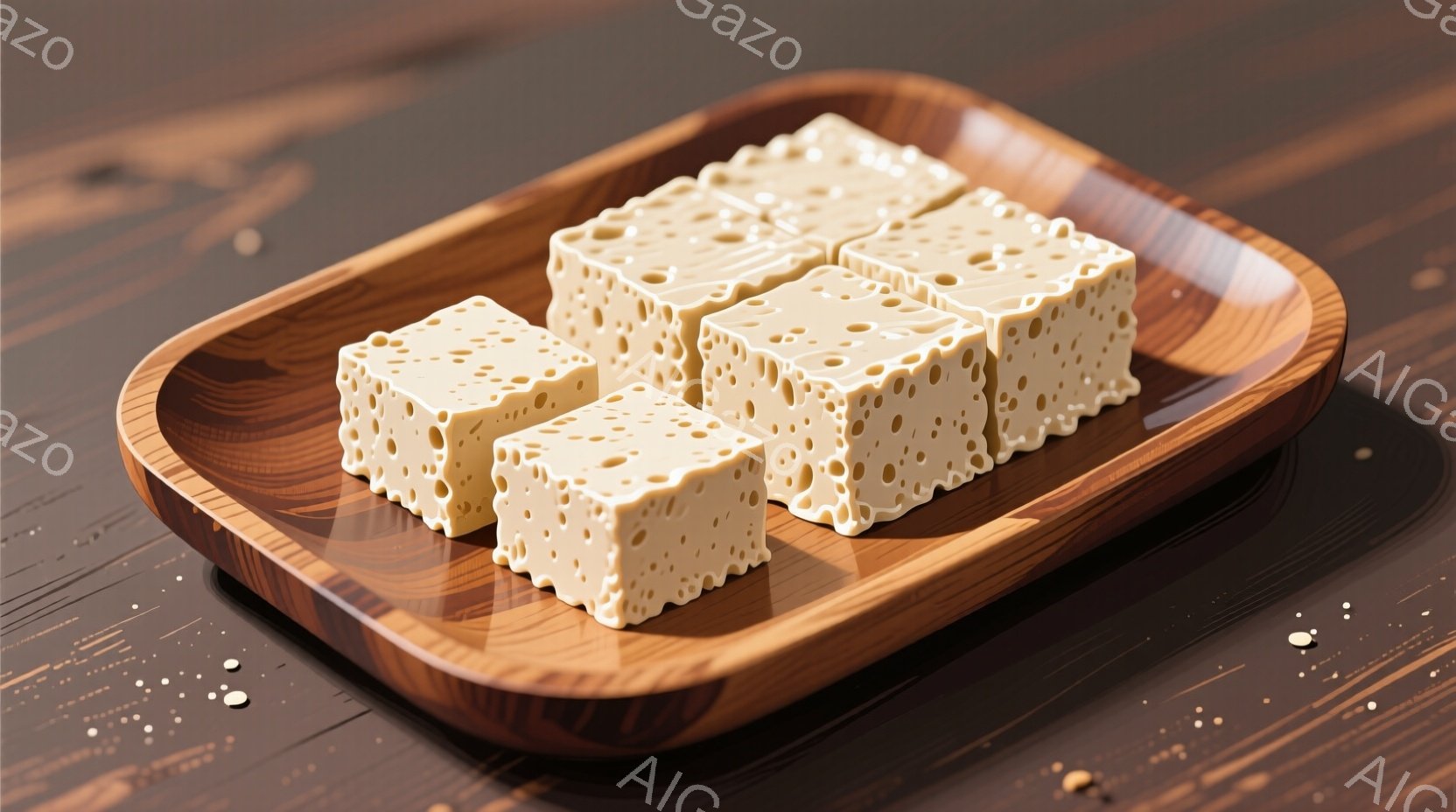 焦げ茶色の木製トレーの上に、白く多孔質の立方体の食品が並べられています。それぞれが均等にカットされ、表面に小さな穴が多数あります。背景は暗い木目調で、控えめな光沢があり、全体的に落ち着いた雰囲気を醸し出しています。