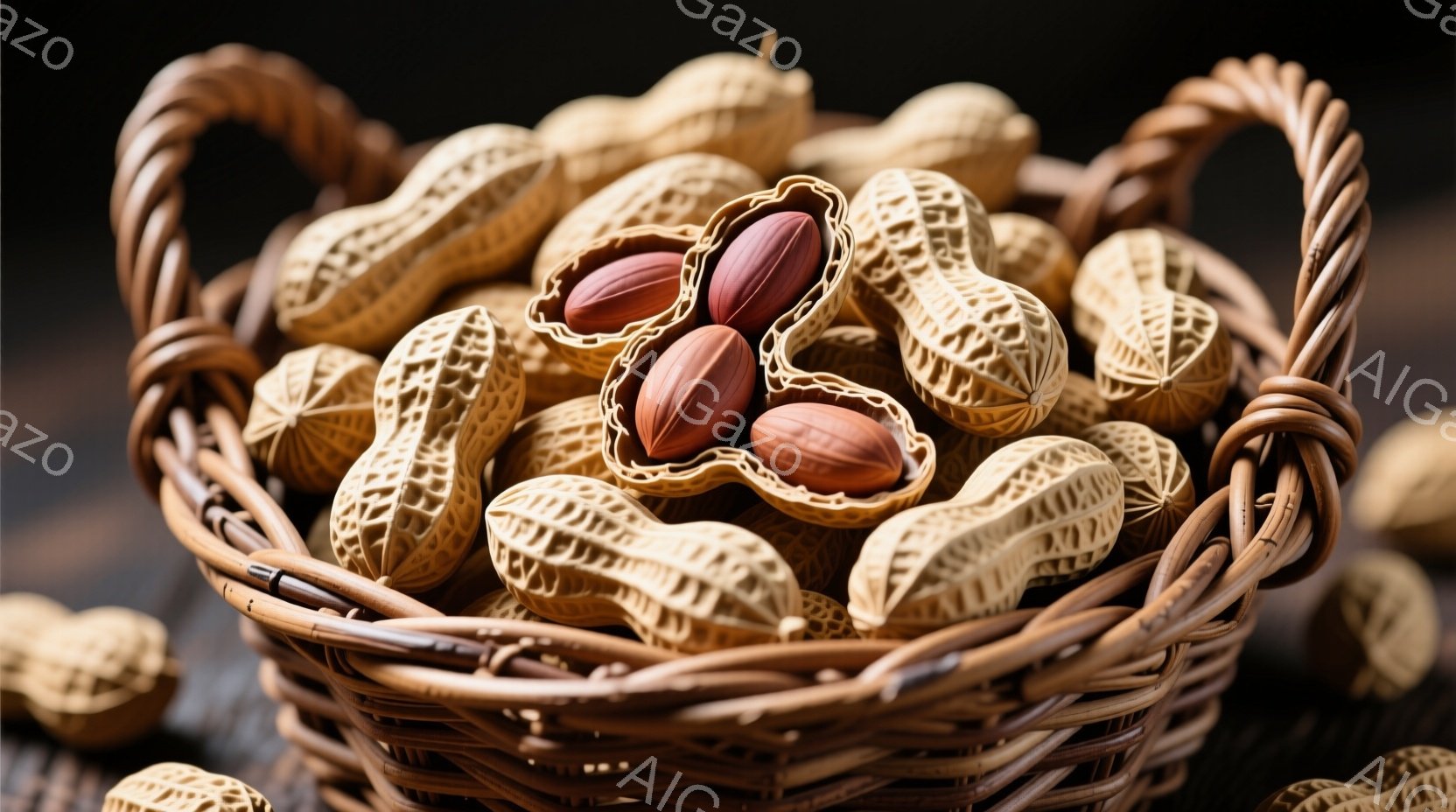 籠いっぱいのピーナッツが写っています。殻は薄茶色で、ところどころに割れて中身の茶色のピーナッツが見えています。背景は暗く、ピーナッツの色が引き立ち、素朴で温かい雰囲気を醸し出しています。