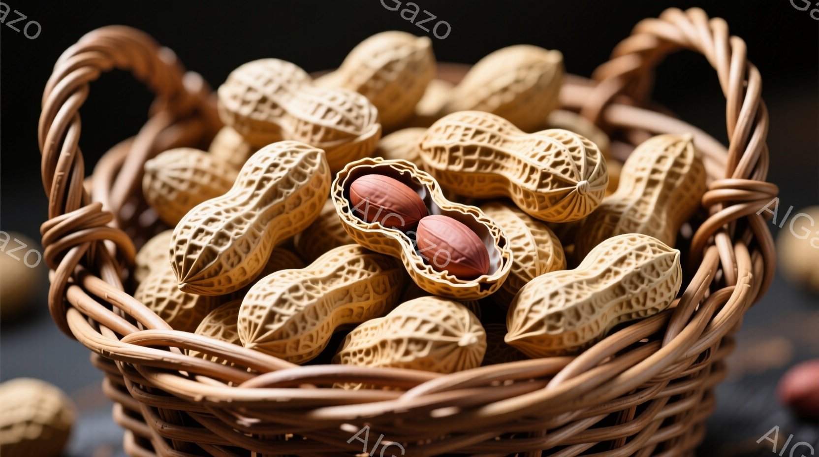籠の中にピーナッツが山のように詰まっています。一部のピーナッツは殻が開いて中身が見えており、茶色い実が2つ並んでいます。背景は暗いグレーで、他のピーナッツもぼんやりと見えます。