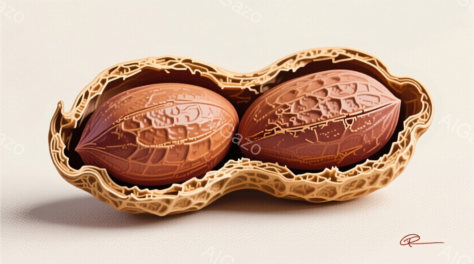 殻に割られた2つのピーナッツのクローズアップです。ピーナッツは茶色で、細かい溝が刻まれており、殻は茶色と白の複雑な模様が特徴です。背景はわずかにテクスチャのある薄いベージュで、ピーナッツが際立っています。
