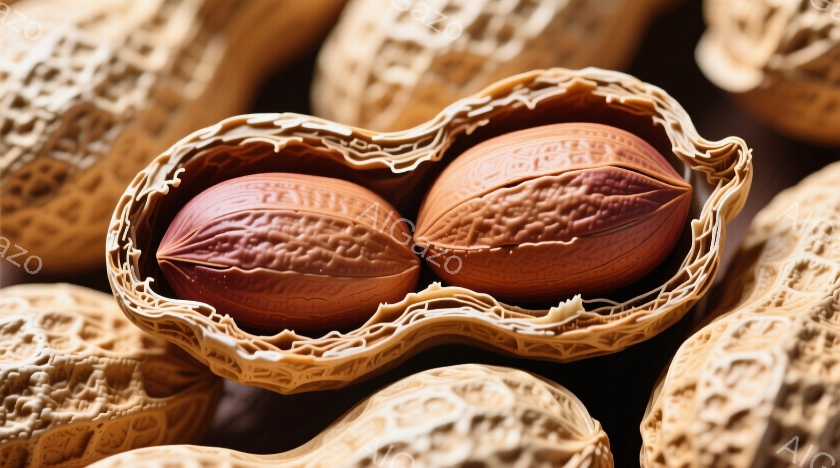 殻に覆われた２つのピーナッツが中心に配置されています。殻は茶色っぽく、複雑な皺が特徴的です。背景には同様の殻に覆われたピーナッツが密集しており、全体的に暖かく、自然な雰囲気を醸し出しています。