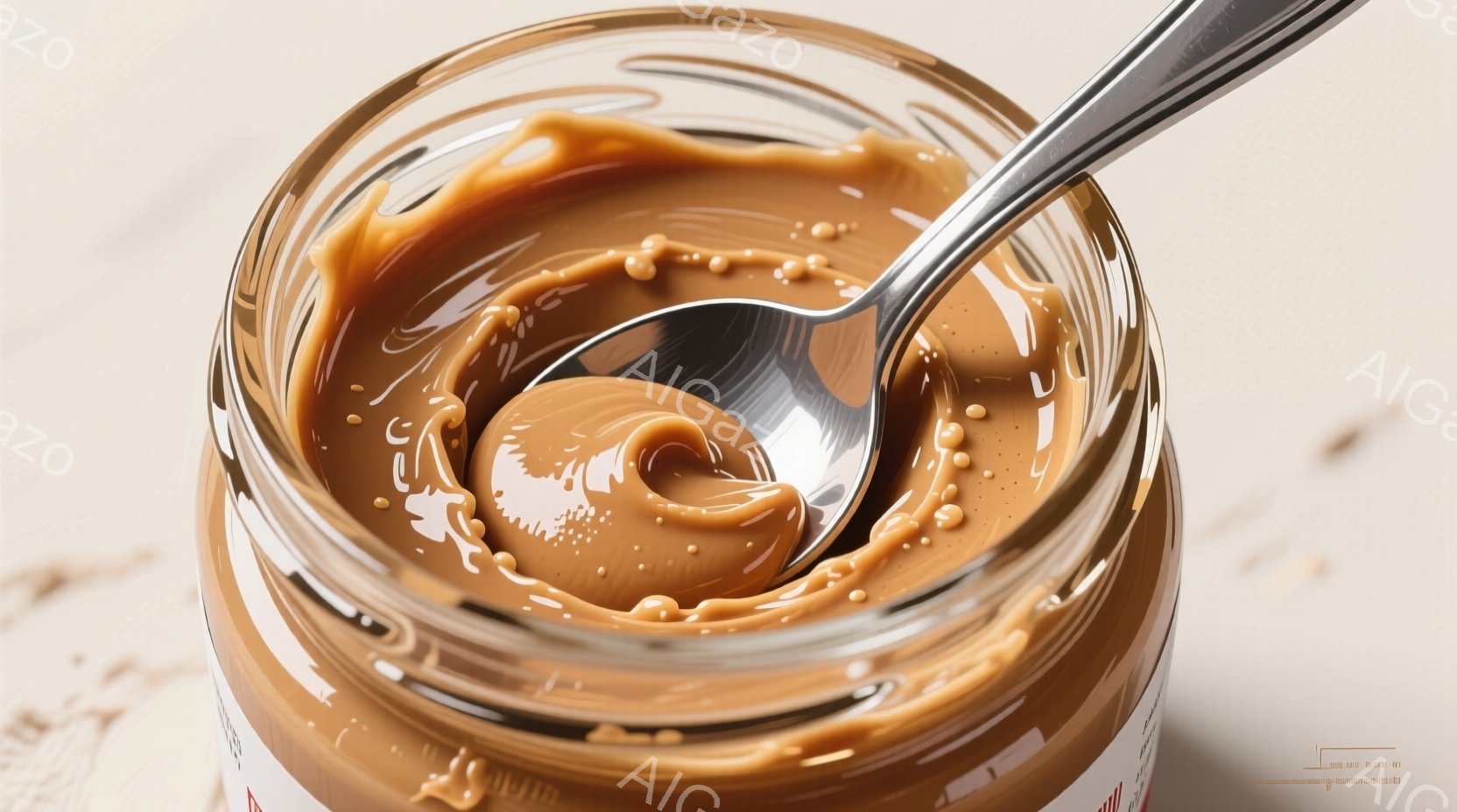 ピーナッツバターが詰まったガラス瓶の俯瞰図で、銀色のスプーンが中に入り、渦巻くピーナッツバターを掬い上げている様子が捉えられている。瓶のラベルは一部しか見えておらず、背景は木目調の明るいテーブルで、全体的に温かみのある、食欲をそそる雰囲気を醸し出している。ピーナッツバターの質感と、スプーンの反射が印象的で、クリームのような滑らかな食感が連想される。
