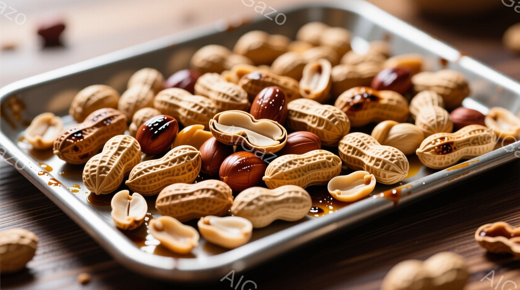 金属製のトレイに山積みにされたピーナッツが写っています。一部のピーナッツは殻が割れており、美味しそうな茶色い実が見えています。背景は木製の表面で、全体的に暖かく、食欲をそそる雰囲気です。 - AI生成フリー素材