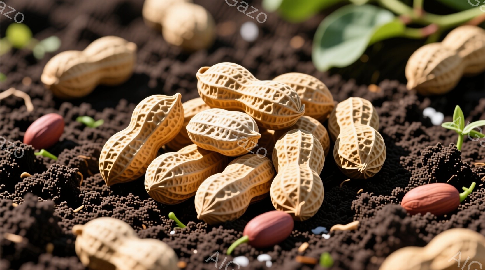 チョコレート色の土の上に、殻付きの落花生がいくつか散らばっています。中心には、殻付きの落花生が密集して積まれており、周囲には少し離れて散らばっています。背景には、若葉の芽が見え、土と落花生の自然な色彩が、温かくて素朴な雰囲気を醸し出しています。