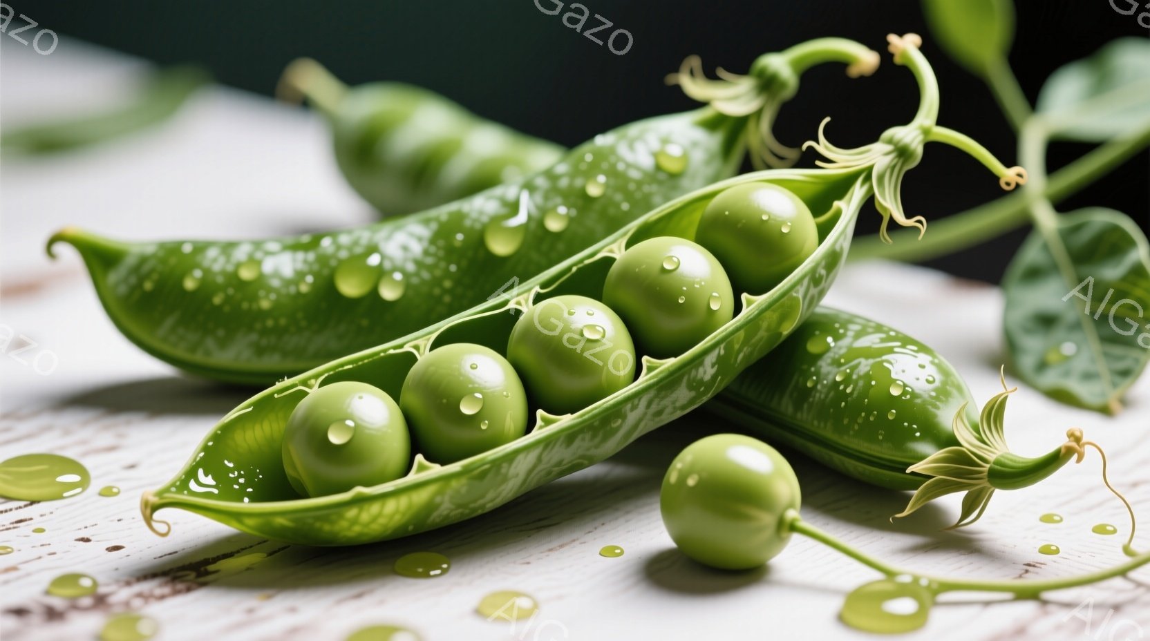 鮮やかな緑色のさやが２つ、開いて中に丸いエンドウ豆が詰まっています。さやと豆には水滴がついており、まるで雨上がりのようにみずみずしい印象を与えます。背景は白く木目のあるテーブルで、自然な雰囲気の中で豆 - AI生成フリー素材