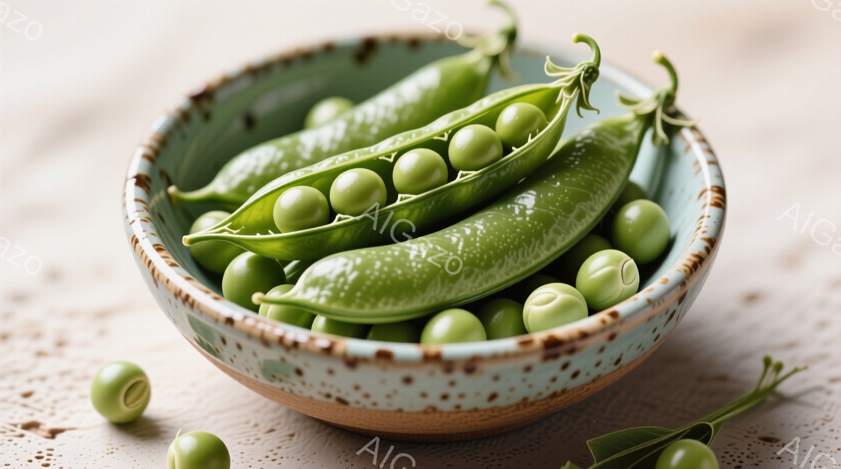 陶器の器に、実った緑色のエンドウ豆がいくつか入っています。豆は一部が殻から出ており、丸い緑色の豆が丸見えになっています。背景は白っぽい木目調で、明るく自然な雰囲気を醸し出しています。