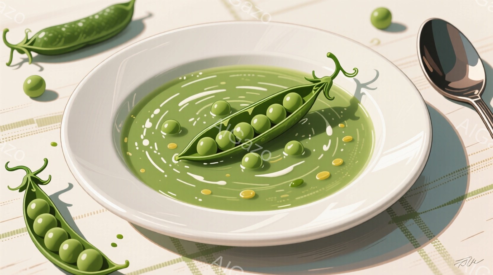 鮮やかな緑色のエンドウ豆が、クリーム状の緑色のスープの中に浮かんでいます。スープは白く渦巻いており、エンドウ豆の殻がスープの中に置かれ、スープの表面には小さな黄色の粒が散りばめられています。背景は白いテーブルクロスで、隣にはエンドウ豆とスープを食べるためのスプーンが置かれています。