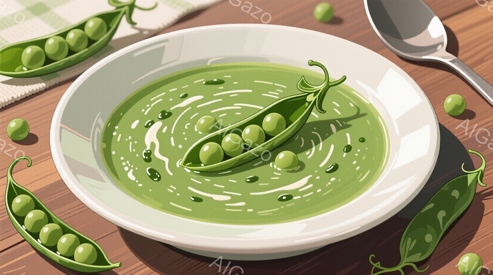 鮮やかな緑色の豆のスープが白いボウルに盛られ、豆の莢がスープの中に浮かんでいます。ボウルの周りには豆と莢が散りばめられ、木製のテーブルの上に置かれています。全体的に明るく、自然な雰囲気で、春や食欲をそ - AI生成フリー素材