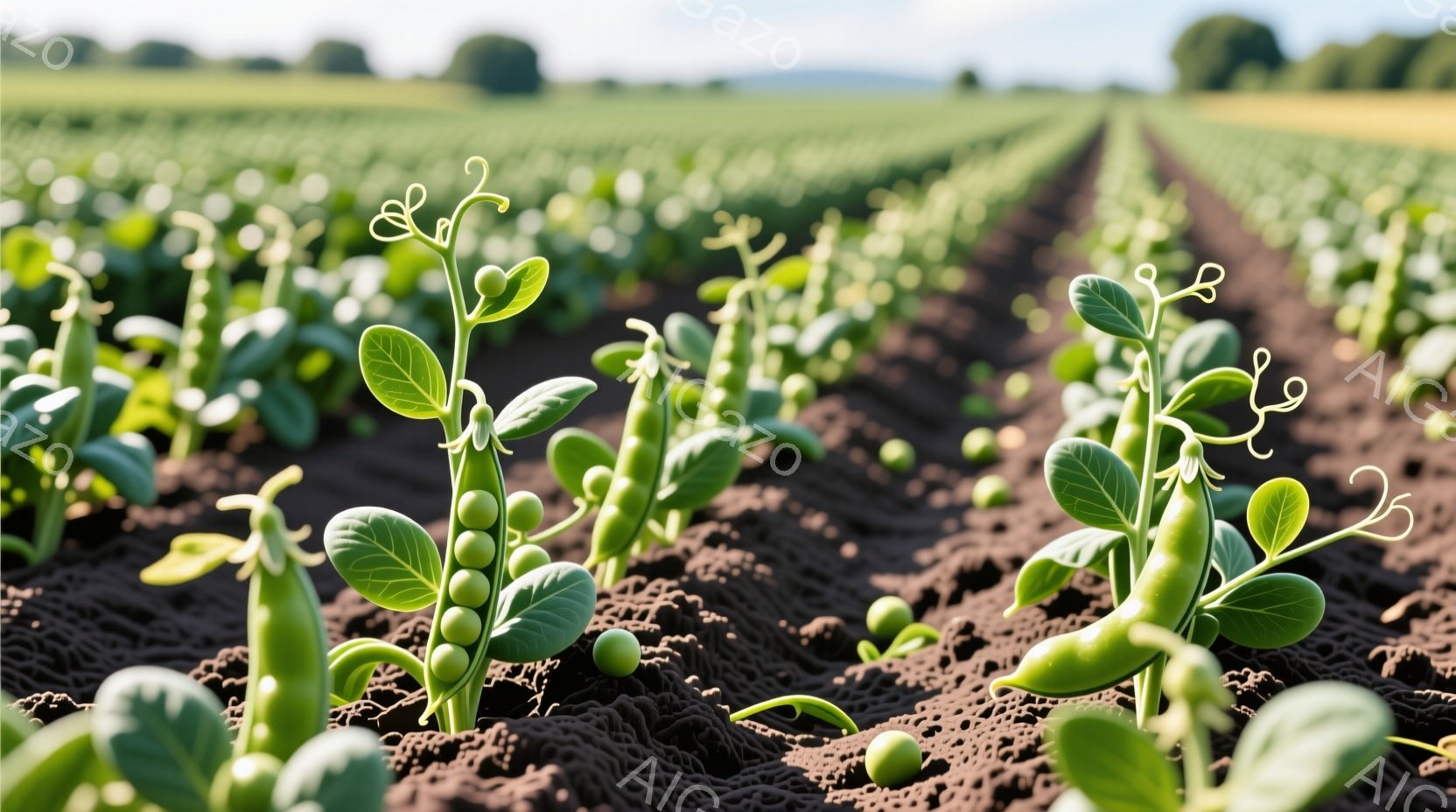 畑一面に若いエンドウ豆の苗が規則正しく並び、緑の葉と豆の莢が土から顔を出している。背景には畝が続き、遠くにはぼんやりとした緑の木々が見え、晴れた日の穏やかな農村の風景を思わせる。土の色は濃い茶色で、作物の鮮やかな緑色とのコントラストが印象的だ。