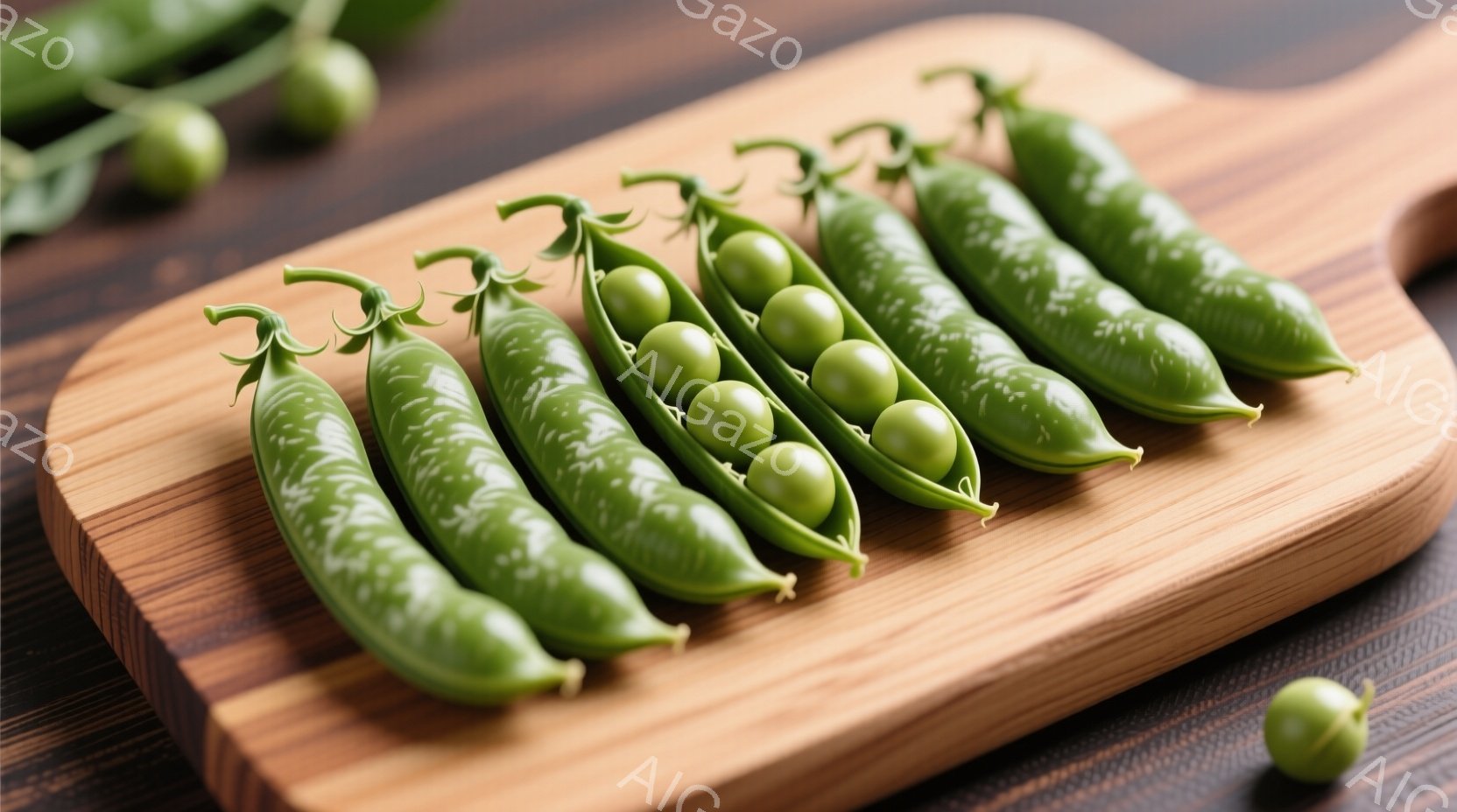 鮮やかな緑色のさやえんどうが、木製のボードの上に整然と並べられています。一部のさやは開いており、丸い緑色の豆が中から覗いています。背景は木目調で、全体的に自然で健康的な印象を与えます。 - AI生成フリー素材