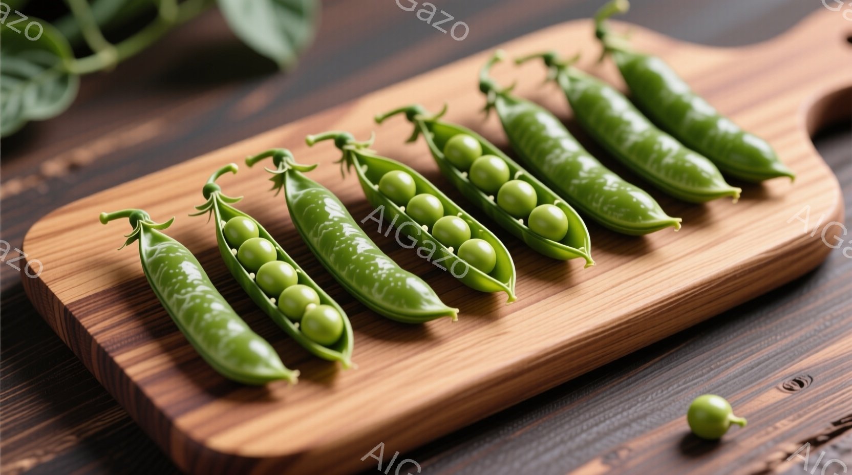 鮮やかな緑色のさやえんどうが、木製の板の上にならべられています。いくつかのさやは割れており、中から丸い緑色の豆が見えています。背景は暗い木目調で、全体的に自然で健康的な雰囲気を醸し出しています。