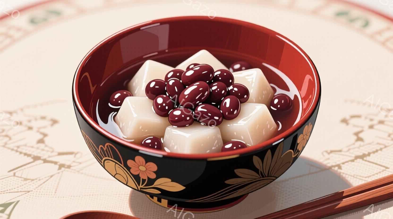漆塗りの黒い器に白玉団子と小豆が盛り付けられています。器の側面には、金色の花模様が描かれており、上品な印象を与えます。背景には、麻のランチョンマットと箸が写っており、和風の静かで落ち着いた雰囲気を醸し出しています。
