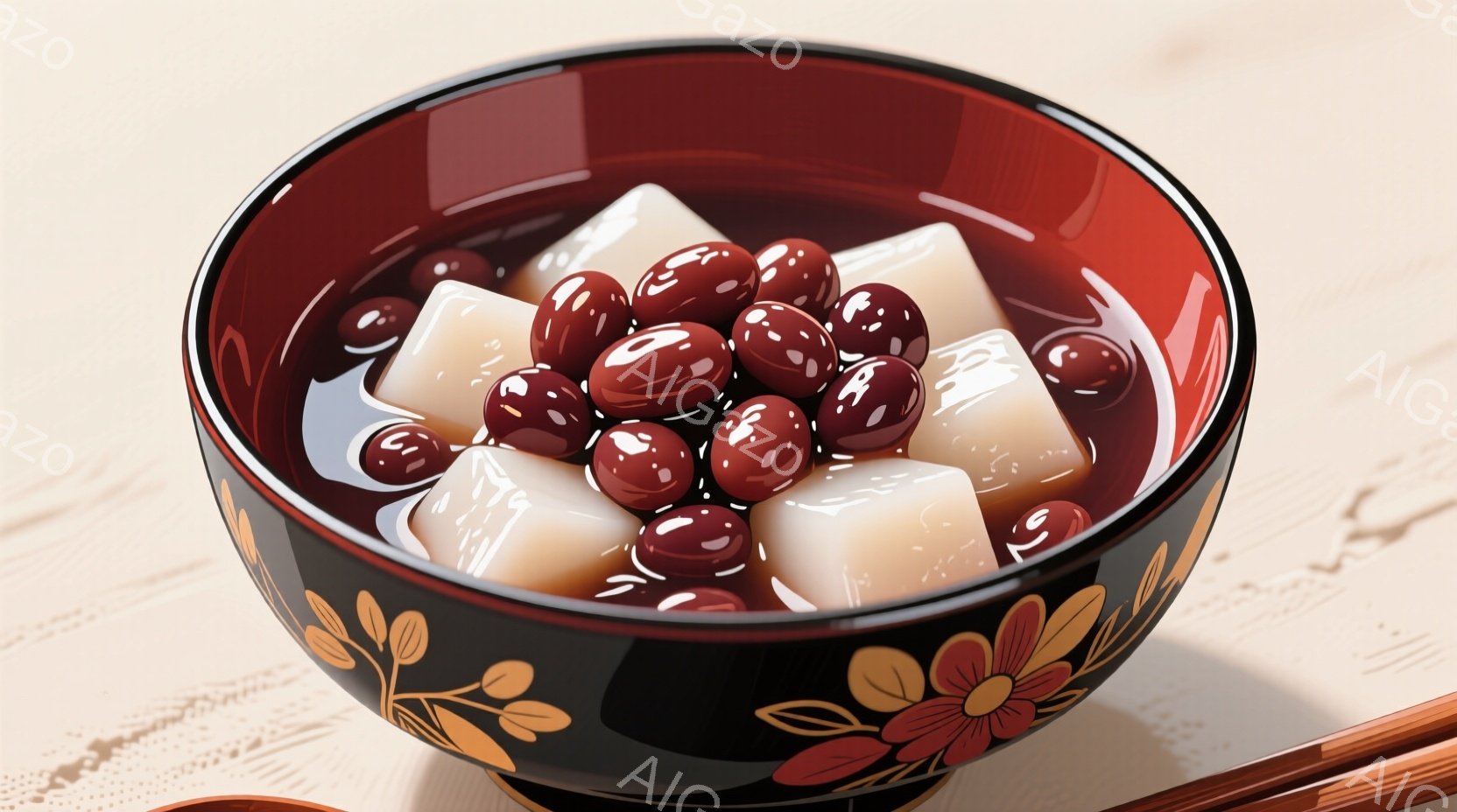 黒い縁取りのある赤色の丼に、白くて角ばった寒天と小豆がたっぷり入っています。丼の側面には、美しい模様が描かれており、背景は明るい木製のテーブルです。全体的に、シンプルで上品な印象を与え、伝統的な和菓子 - AI生成フリー素材
