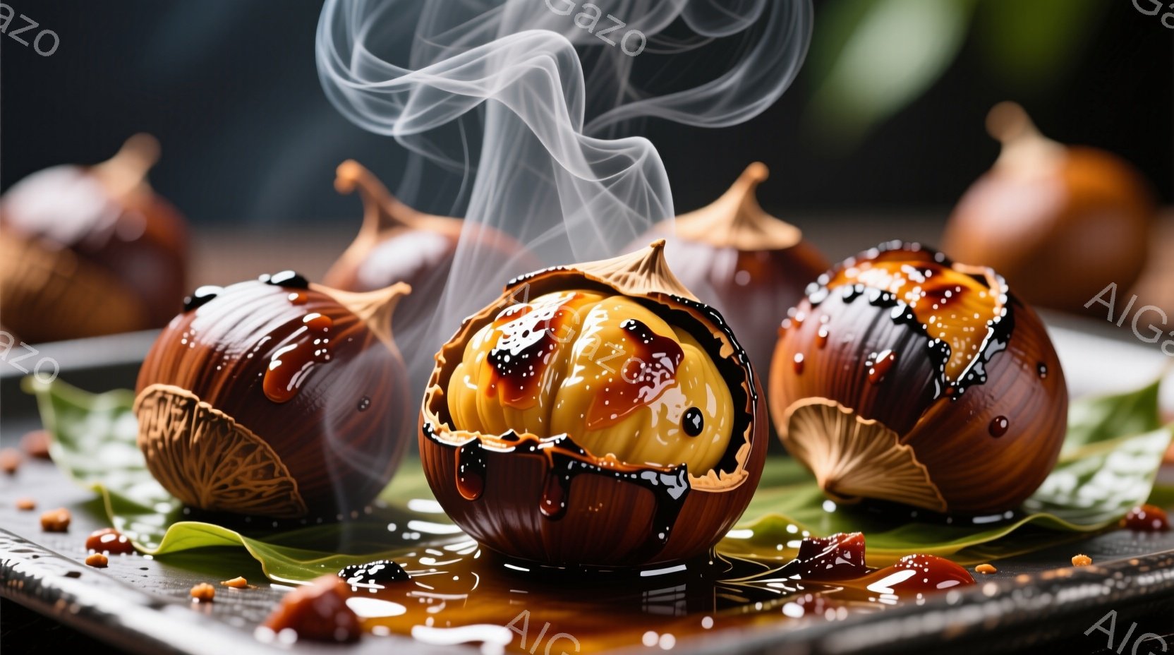 焼き栗が三つ、黒い皿の上に並べられています。栗は茶色い殻が剥がれ、中から黄色い実が覗き、表面にはキャラメルソースが流れ落ちています。背景には緑色の葉が敷かれ、湯気が立ち上り、全体的に暖かく、食欲をそそる雰囲気が漂っています。