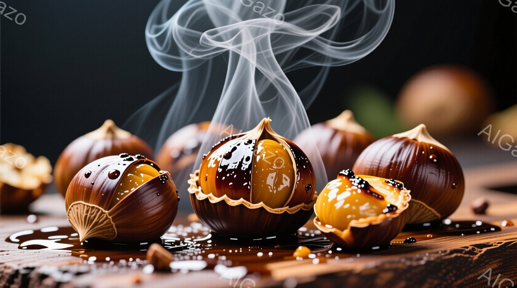 焼き栗が木製のテーブルの上に置かれており、一部は殻が開いて中身が見えている。蒸気が立ち上り、栗が焼きたてで熱いことを示唆している。背景は暗く、栗の茶色が際立っており、暖かく食欲をそそる雰囲気を醸し出している。