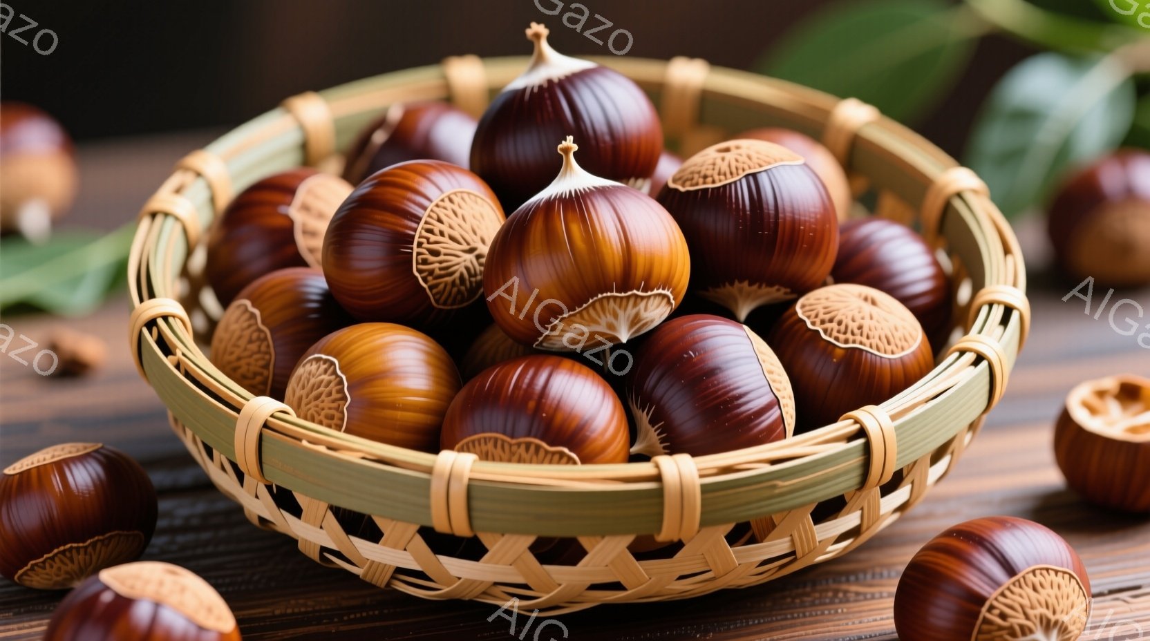 籠の中にたくさんの栗がぎっしりと詰まっています。栗は茶色で光沢があり、一部は皮が剥けて中の白い部分が見えています。背景は木製のテーブルで、全体的に暖かく、秋の収穫を思わせる雰囲気です。 - AI生成フリー素材