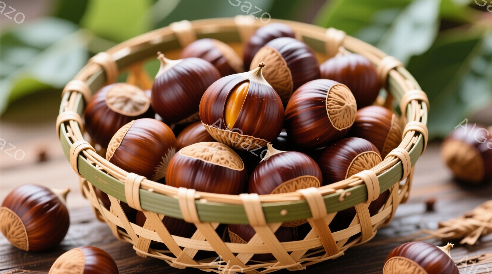 籠の中に栗が山積みにされています。一部の栗は殻が剥けて中身が見えており、茶色い実が確認できます。背景は木目調のテーブルで、緑の葉がわずかに見えており、秋の収穫を思わせる温かい雰囲気です。 - AI生成フリー素材