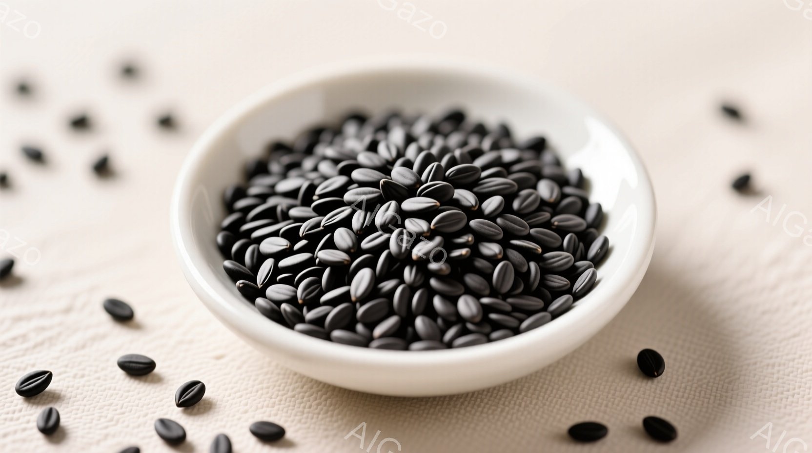 白い小皿に黒いごまが山のように盛られています。周囲には、こぼれ落ちたごまが散らばっており、ざらざらとした白い布の上に置かれています。 全体的に、シンプルで落ち着いた雰囲気で、食材の質感と色が際立っています。